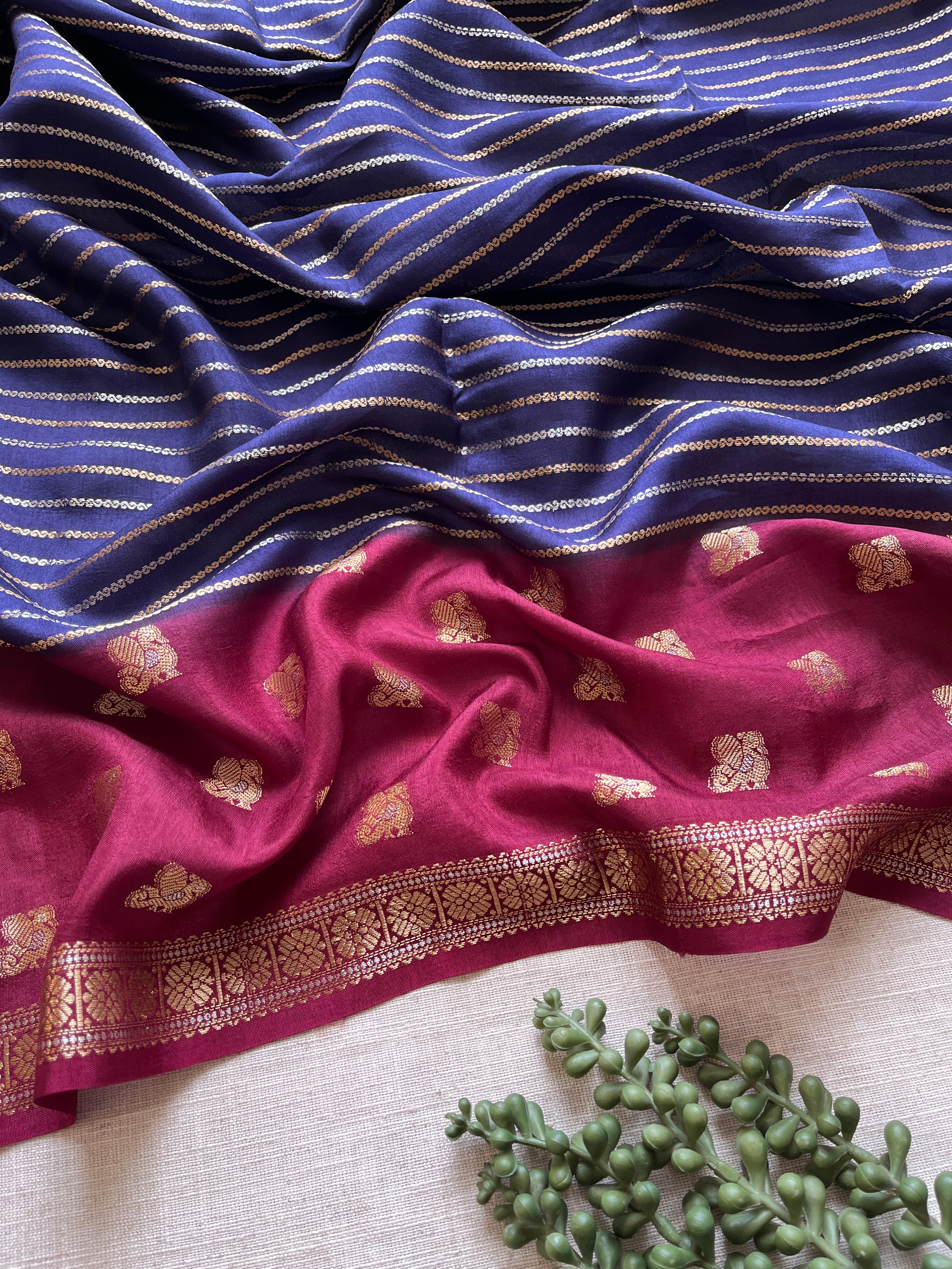 Navy Blue with Maroon Viscose Silk Saree