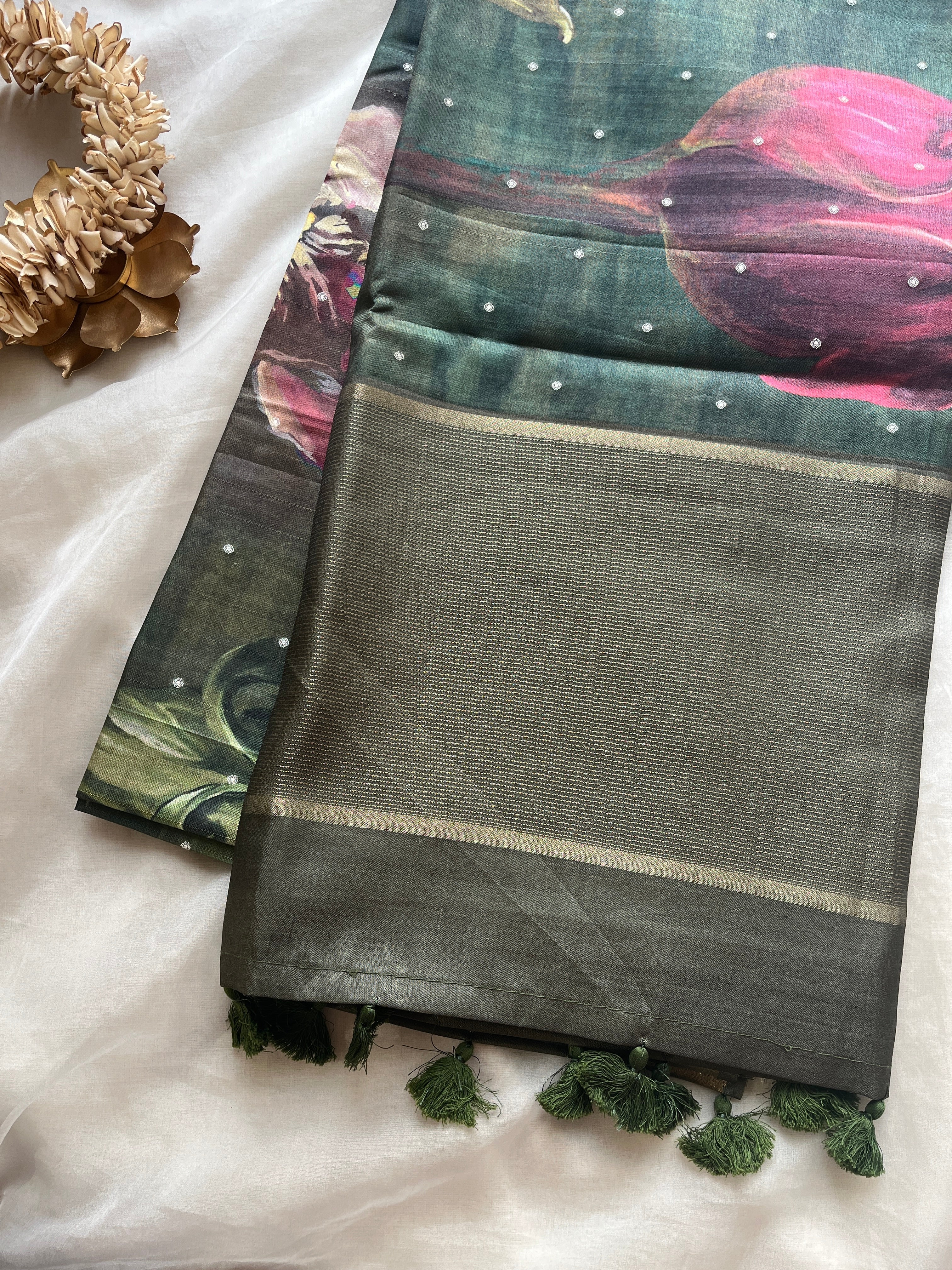 Dark Green Semi tussar floral saree