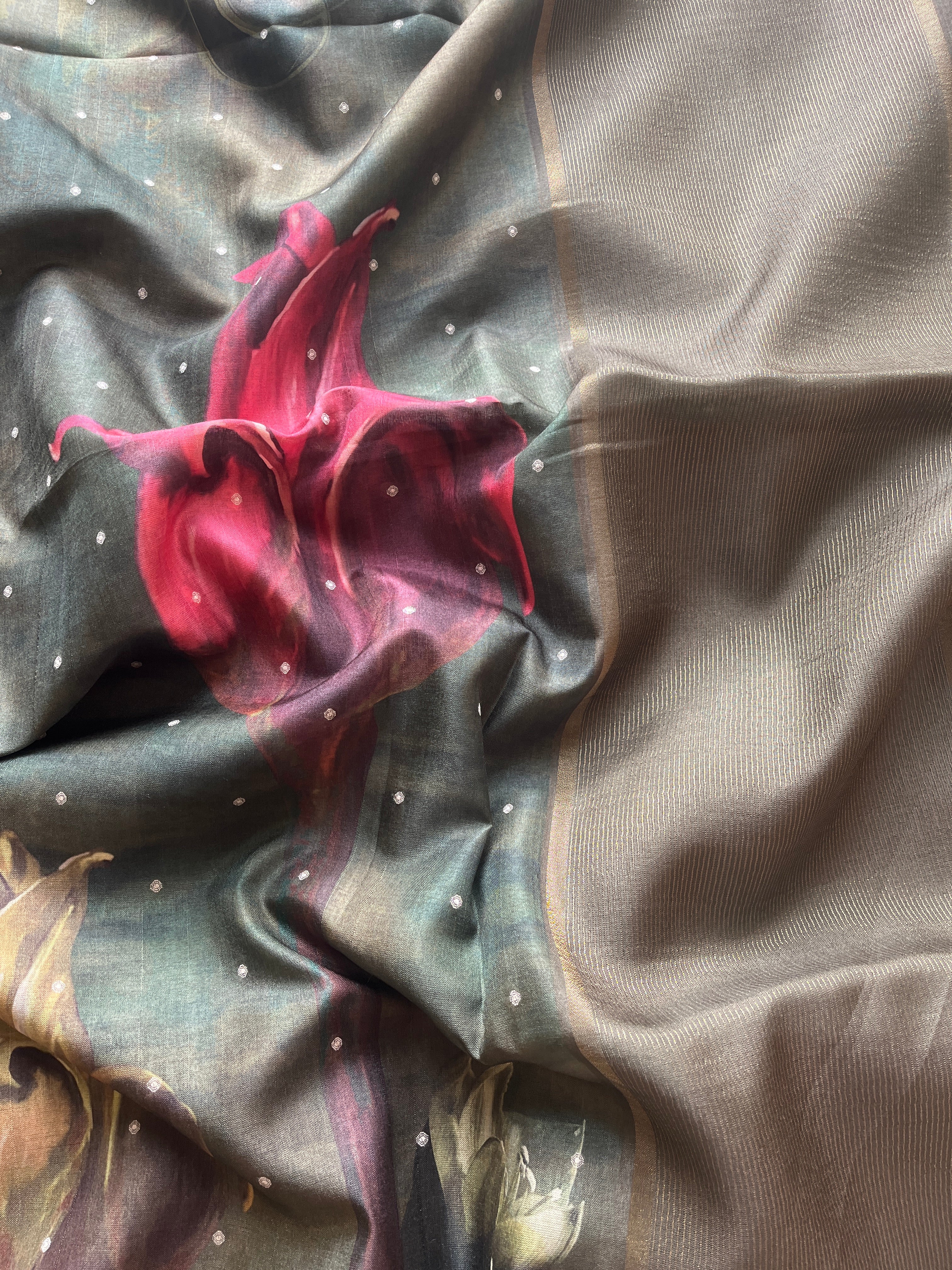 Dark Green Semi tussar floral saree
