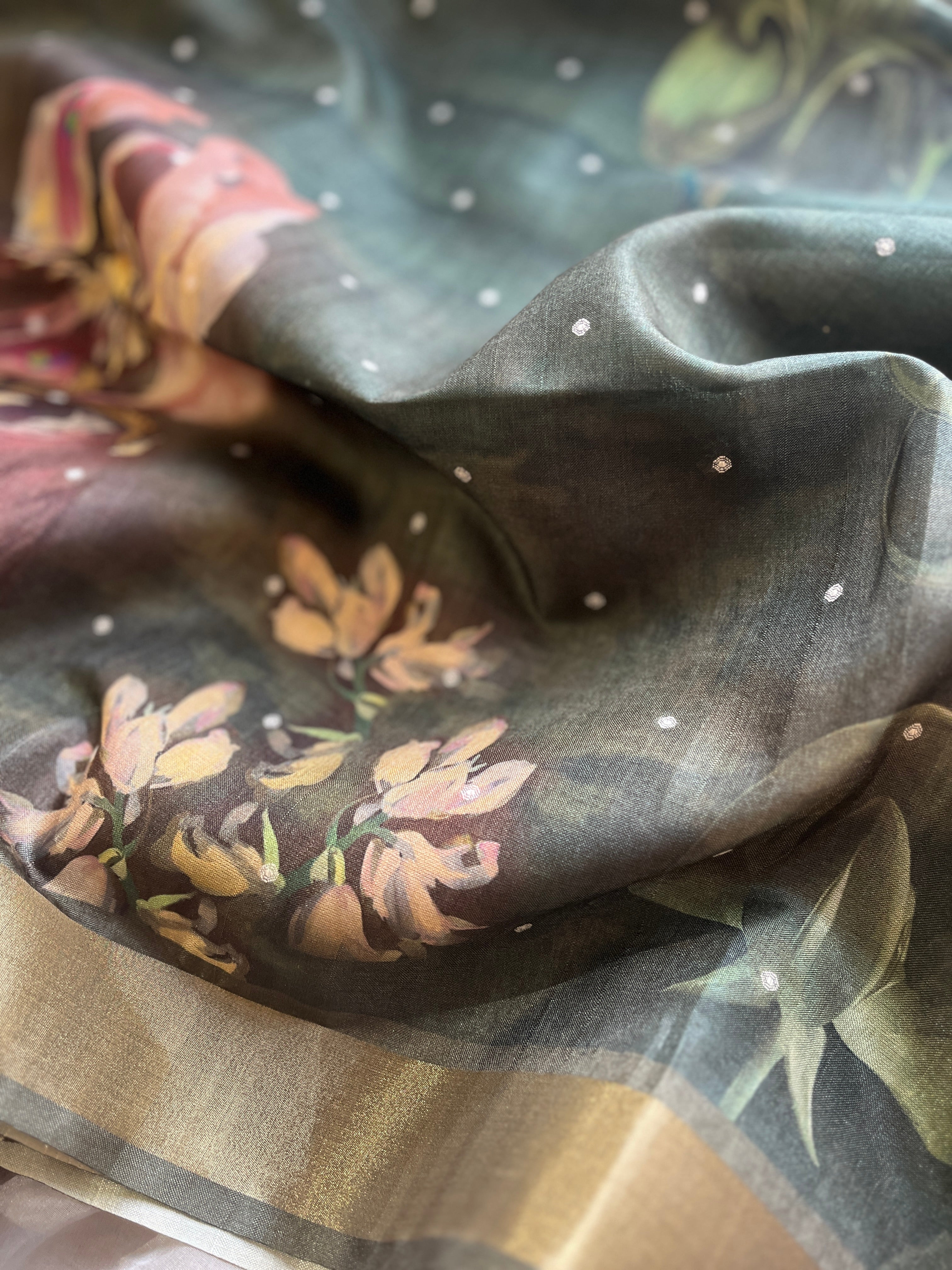 Dark Green Semi tussar floral saree