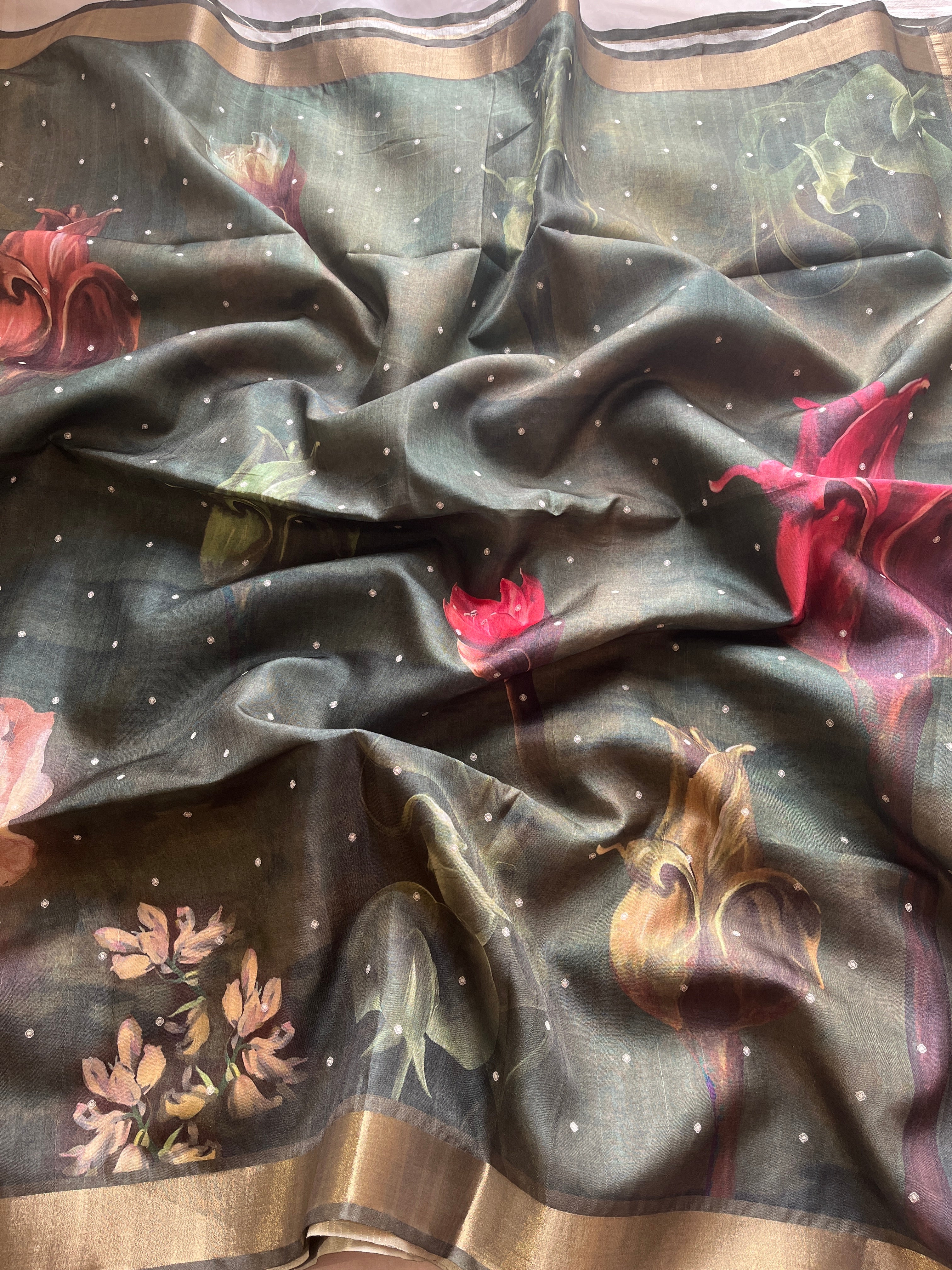 Dark Green Semi tussar floral saree