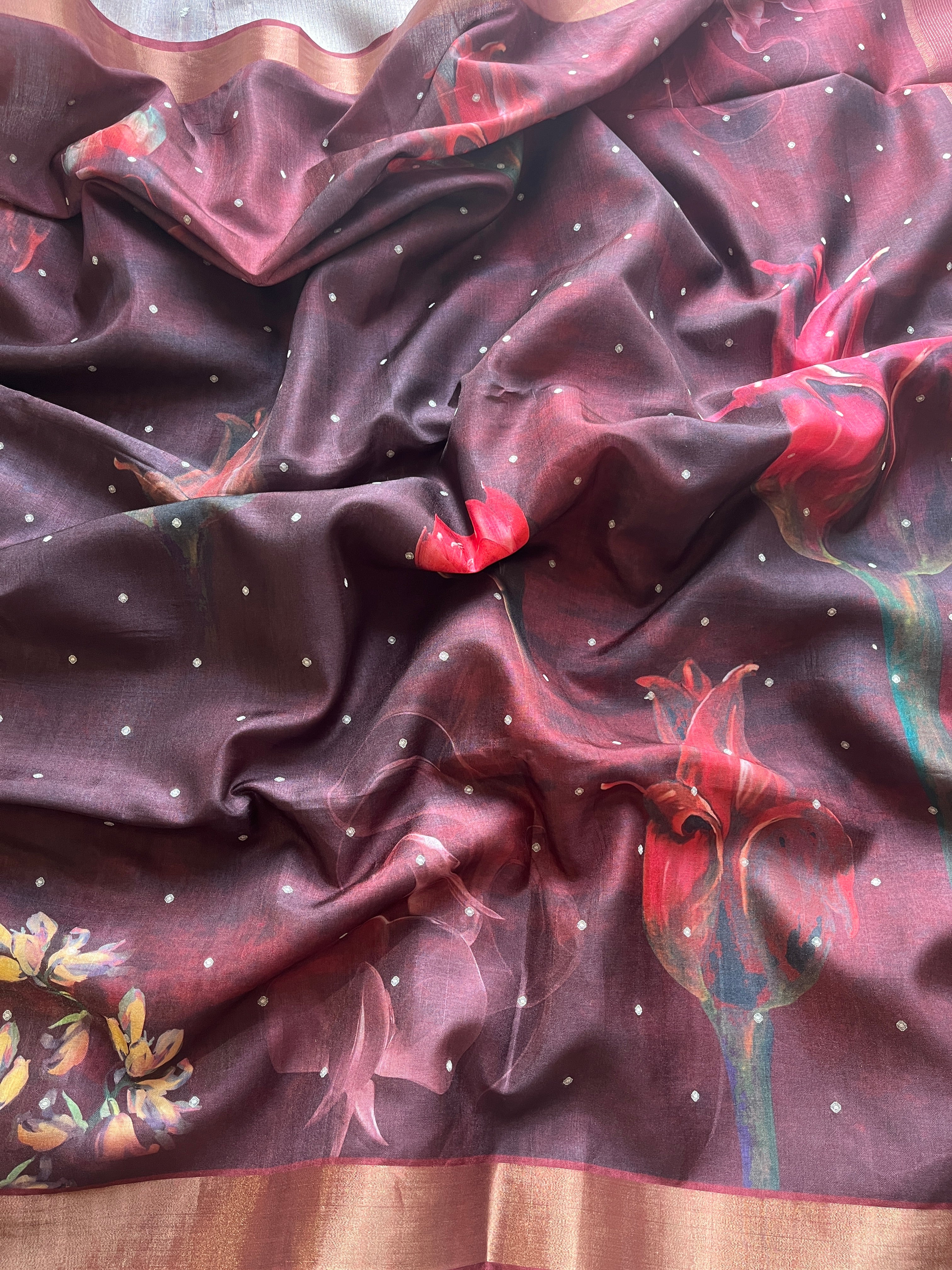 Wine Semi tussar floral saree