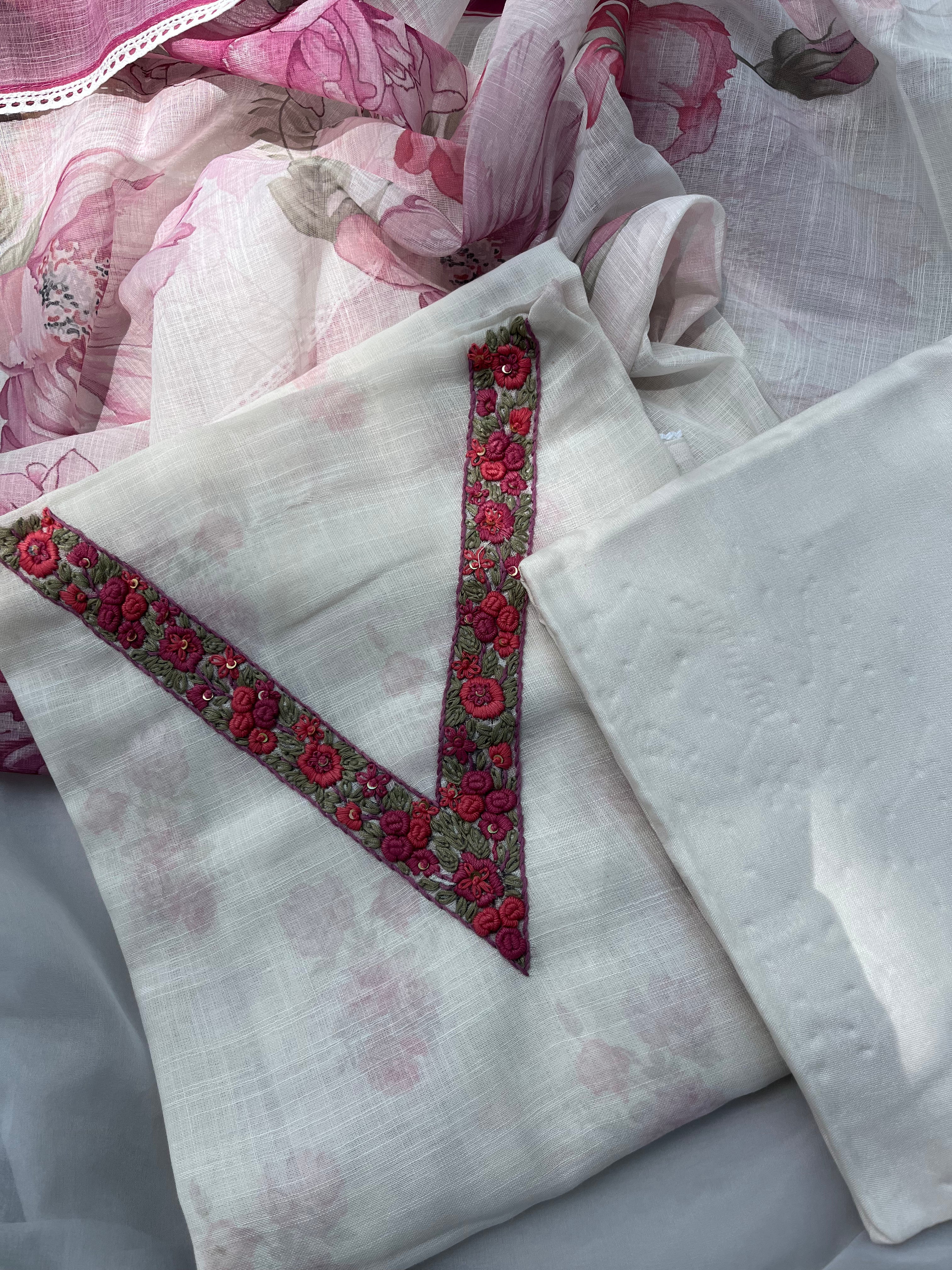 White Floral linen Semi stitched salwar set