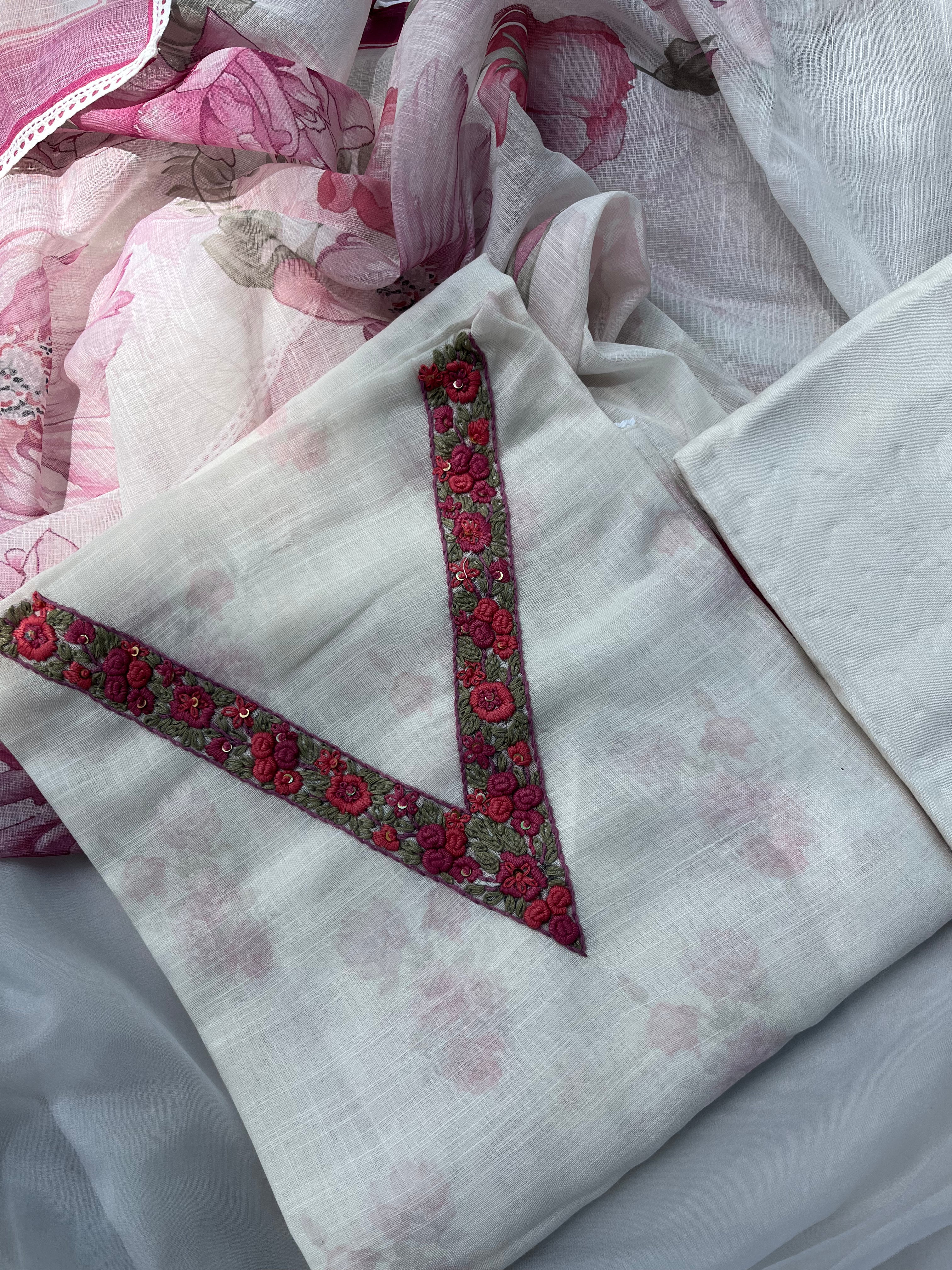 White Floral linen Semi stitched salwar set