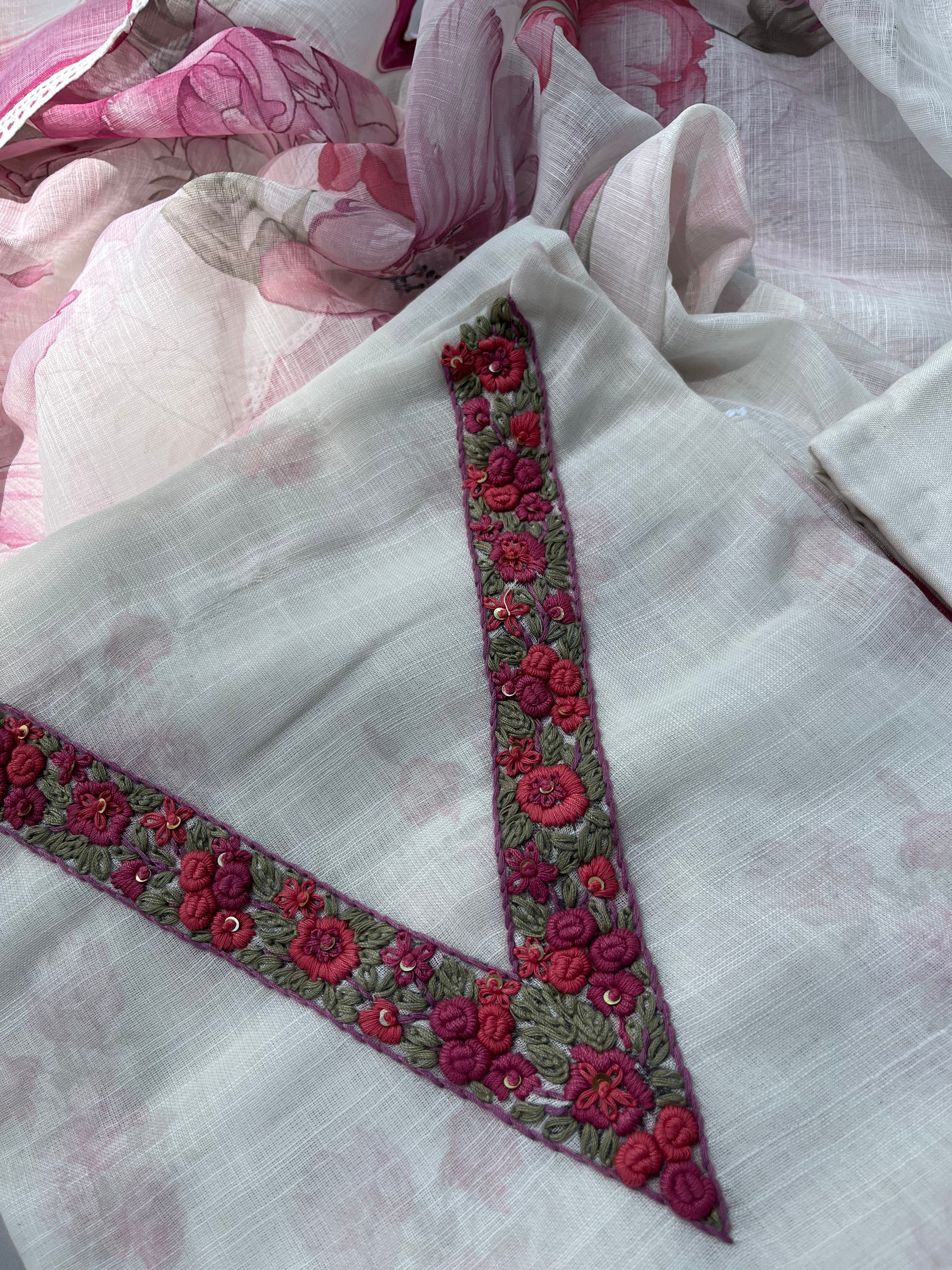 White Floral linen Semi stitched salwar set