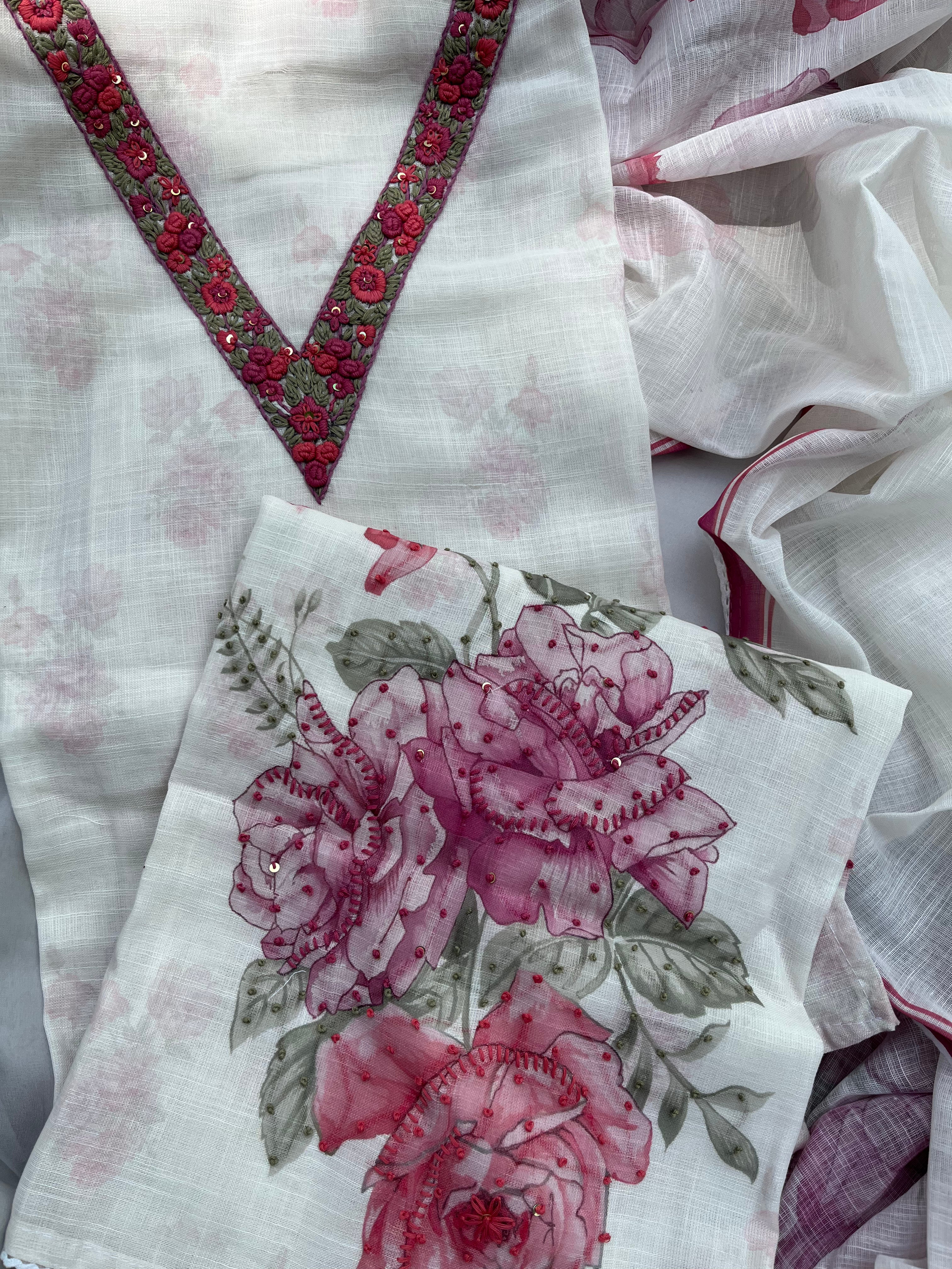 White Floral linen Semi stitched salwar set