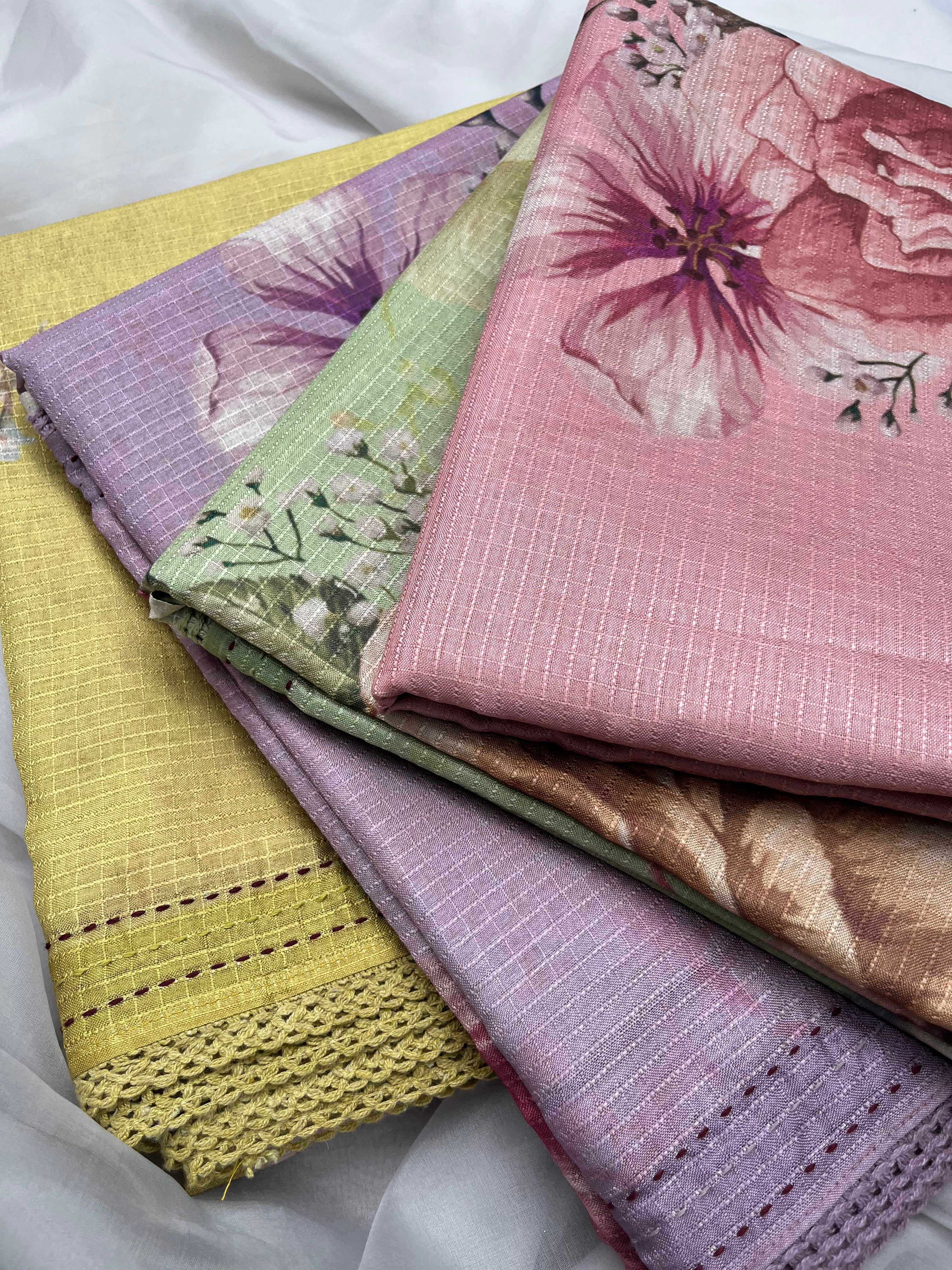 Lavender, Yellow, Rose Gold & Pastel Green Semi Tussar Sarees
