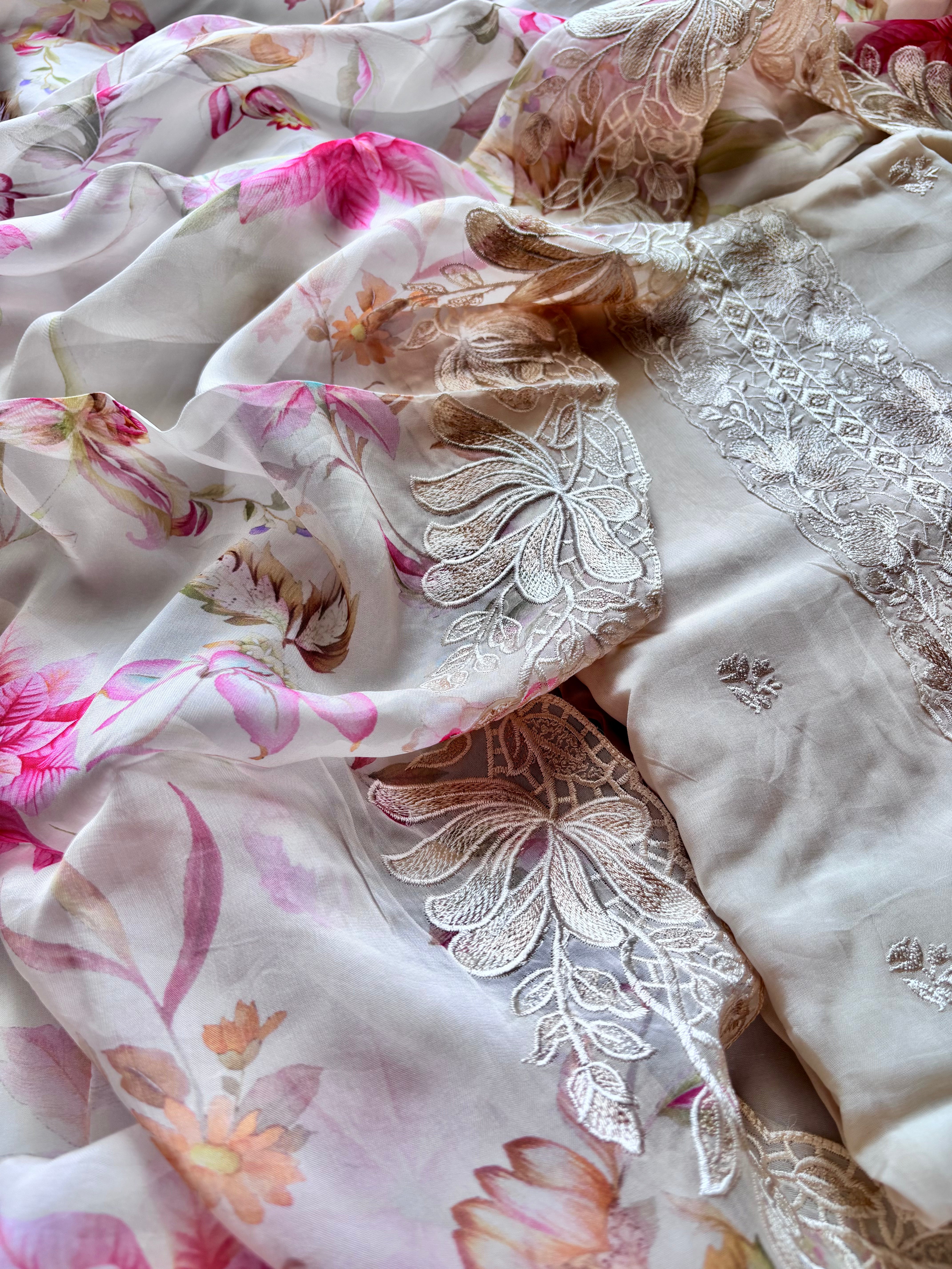 Off White Organza Semi Stitched Salwar Set