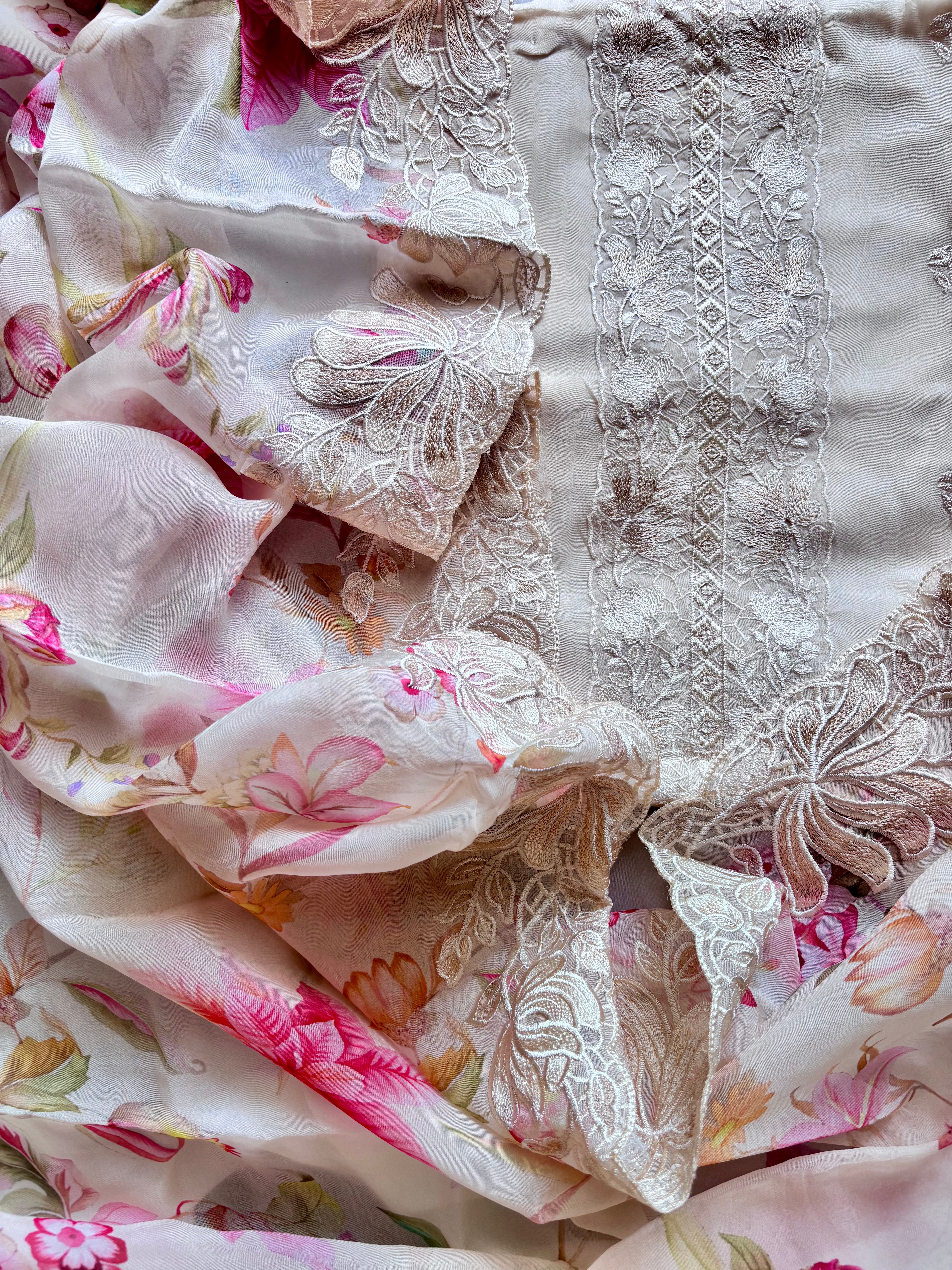 Off White Organza Semi Stitched Salwar Set