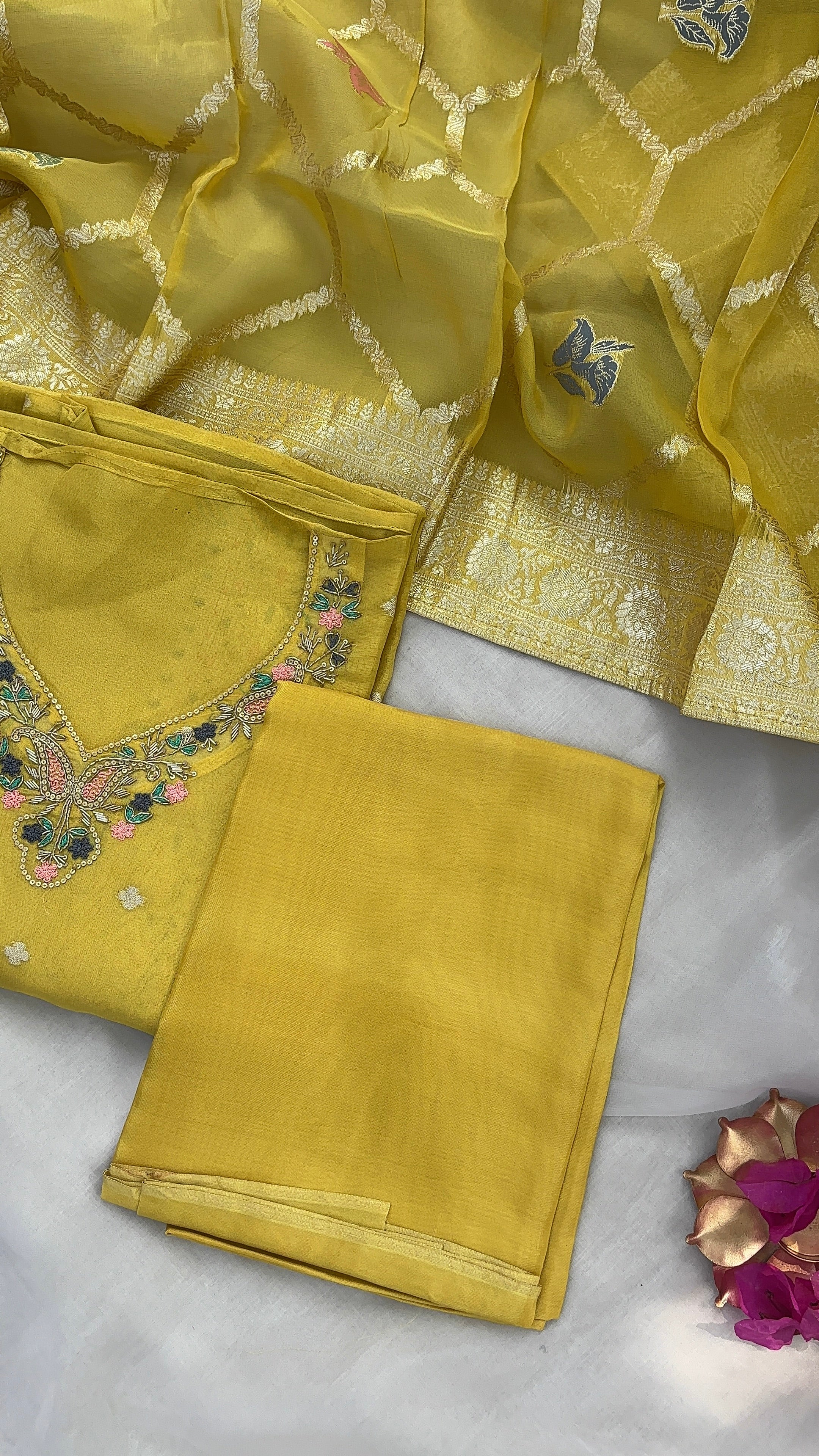 Yellow Tissue semi stitched suit set