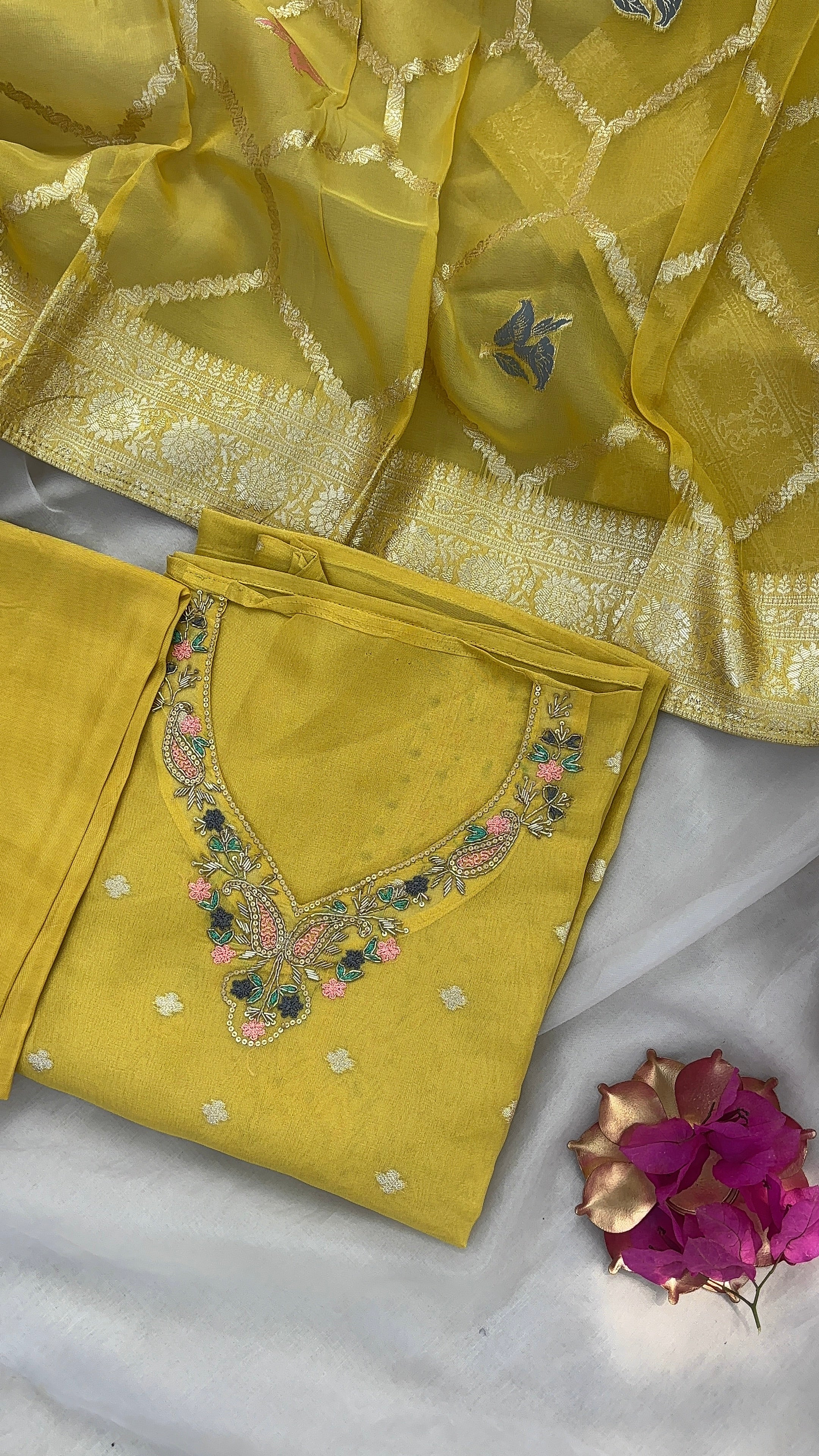 Yellow Tissue semi stitched suit set