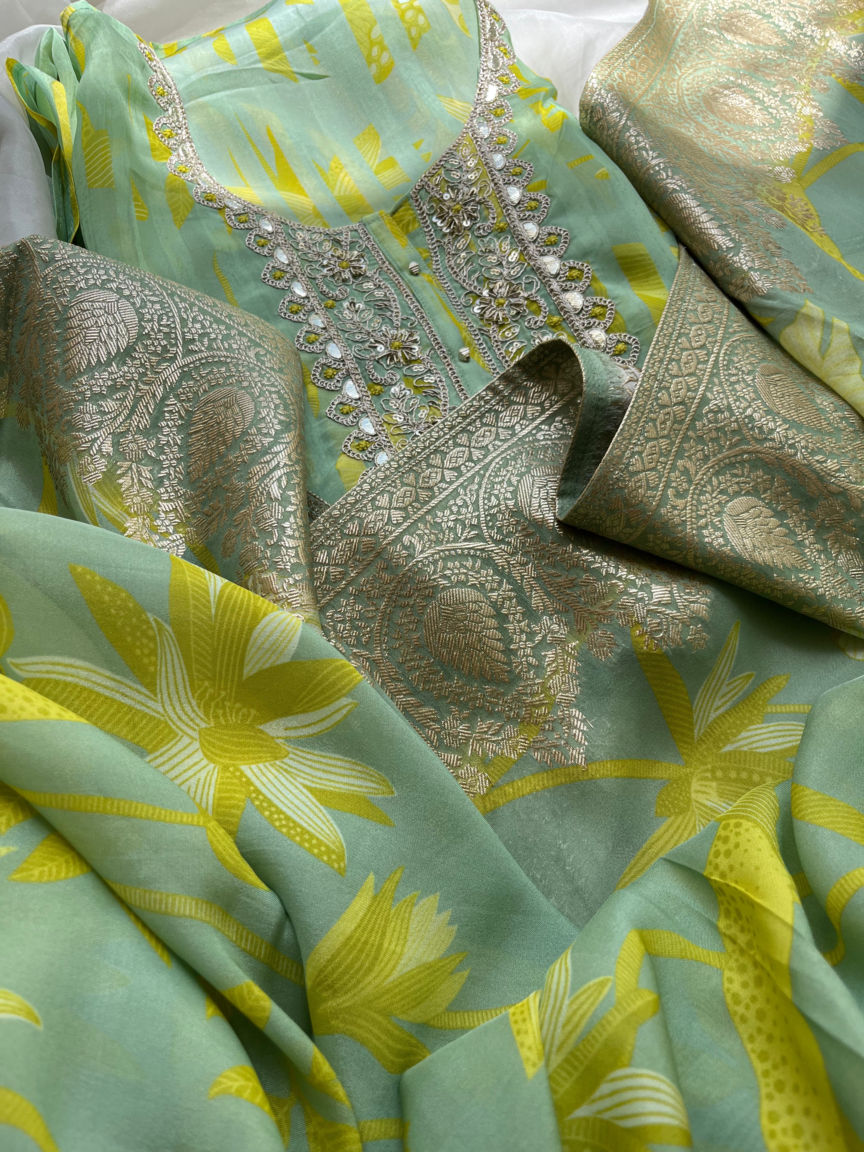 Green floral Organza Semi stitched salwar set