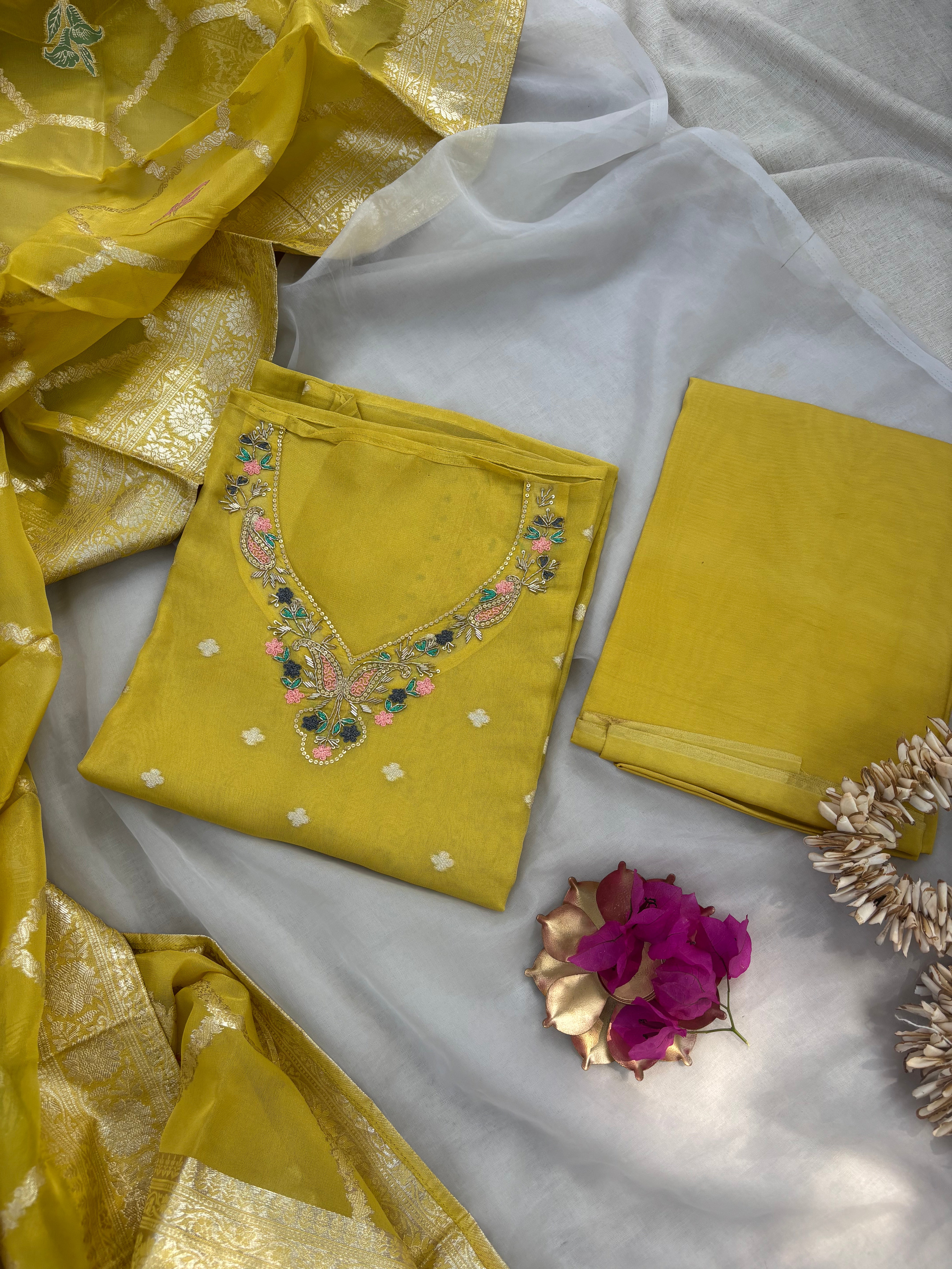 Yellow Tissue semi stitched suit set