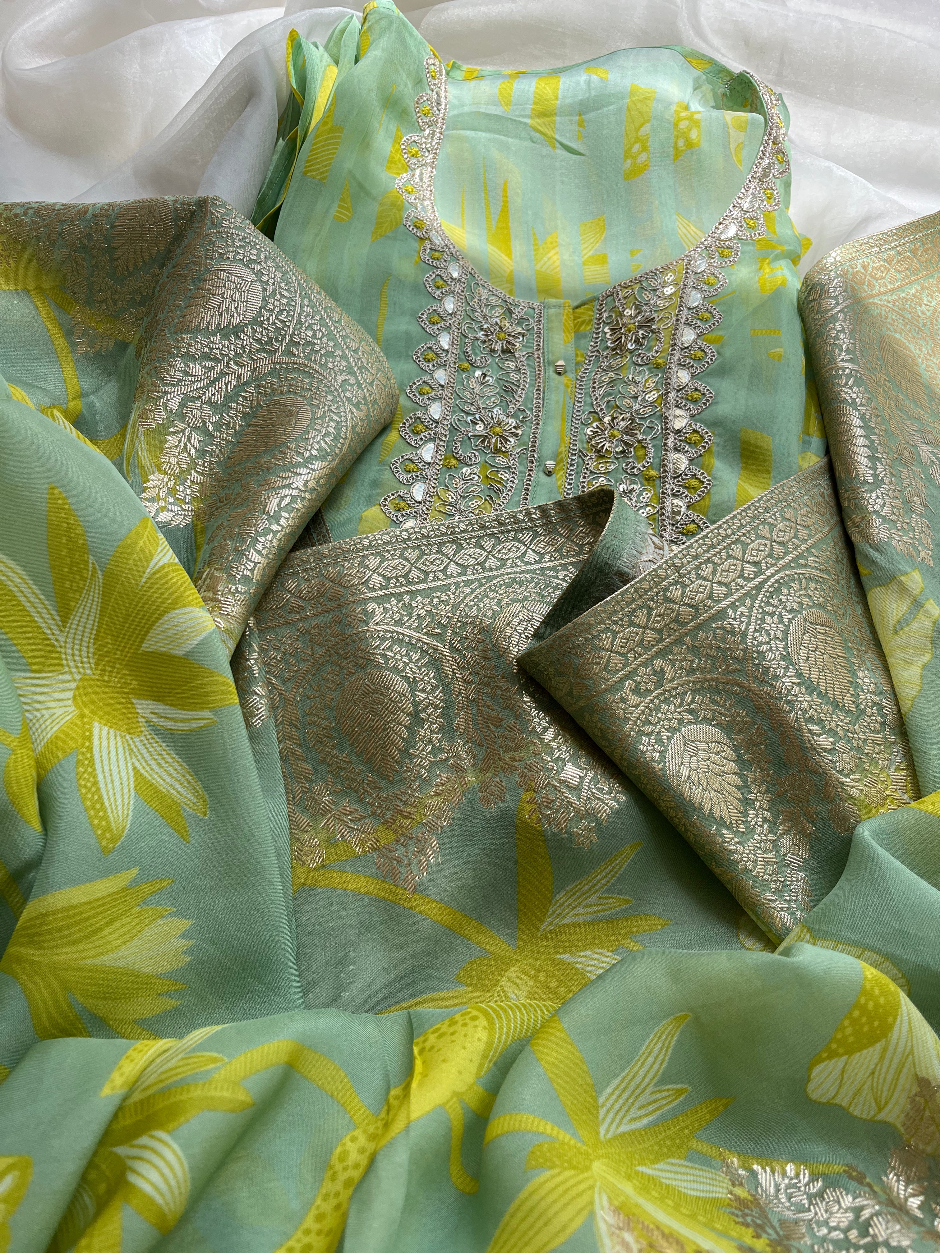 Green floral Organza Semi stitched salwar set