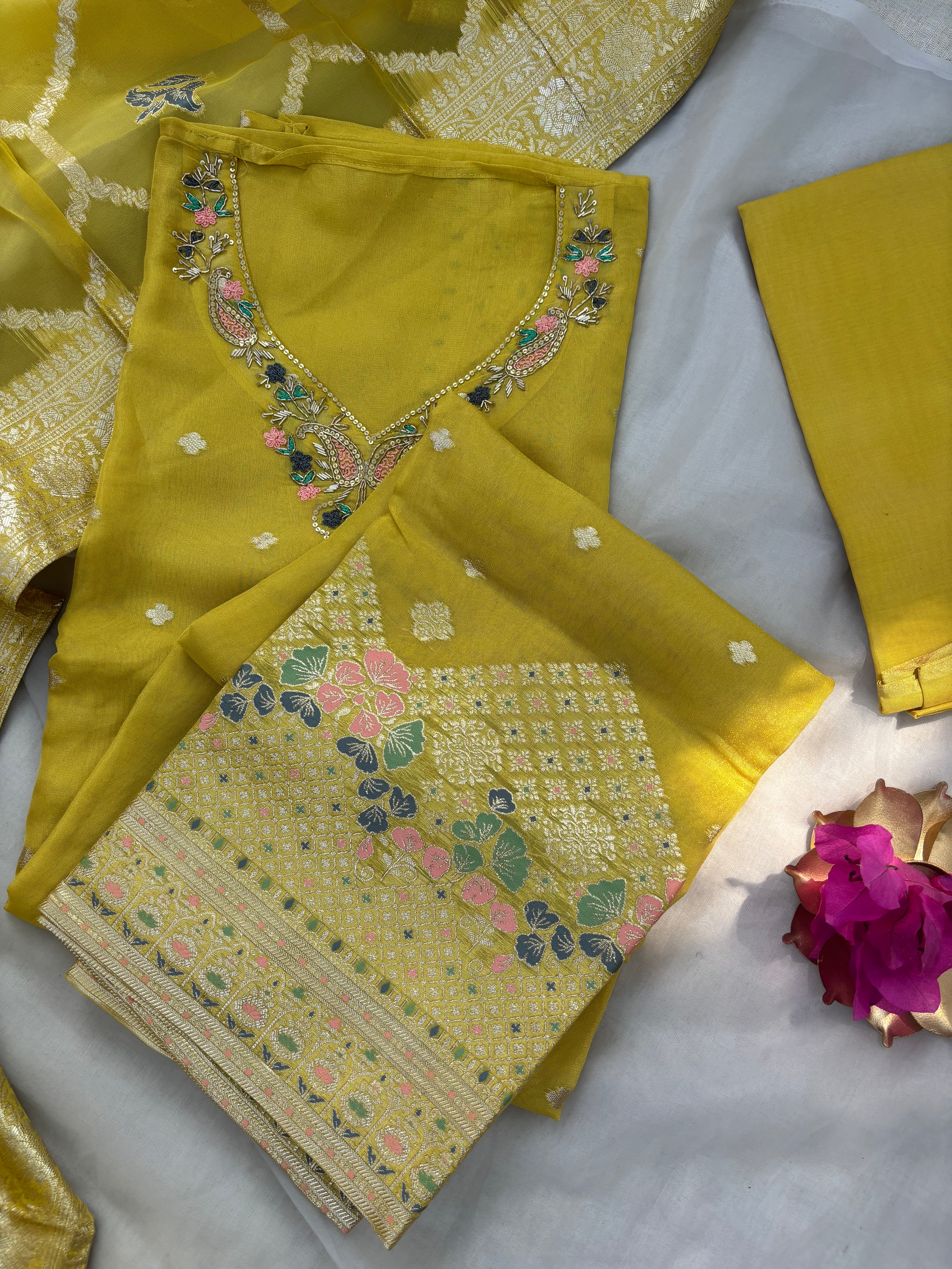 Yellow Tissue semi stitched suit set