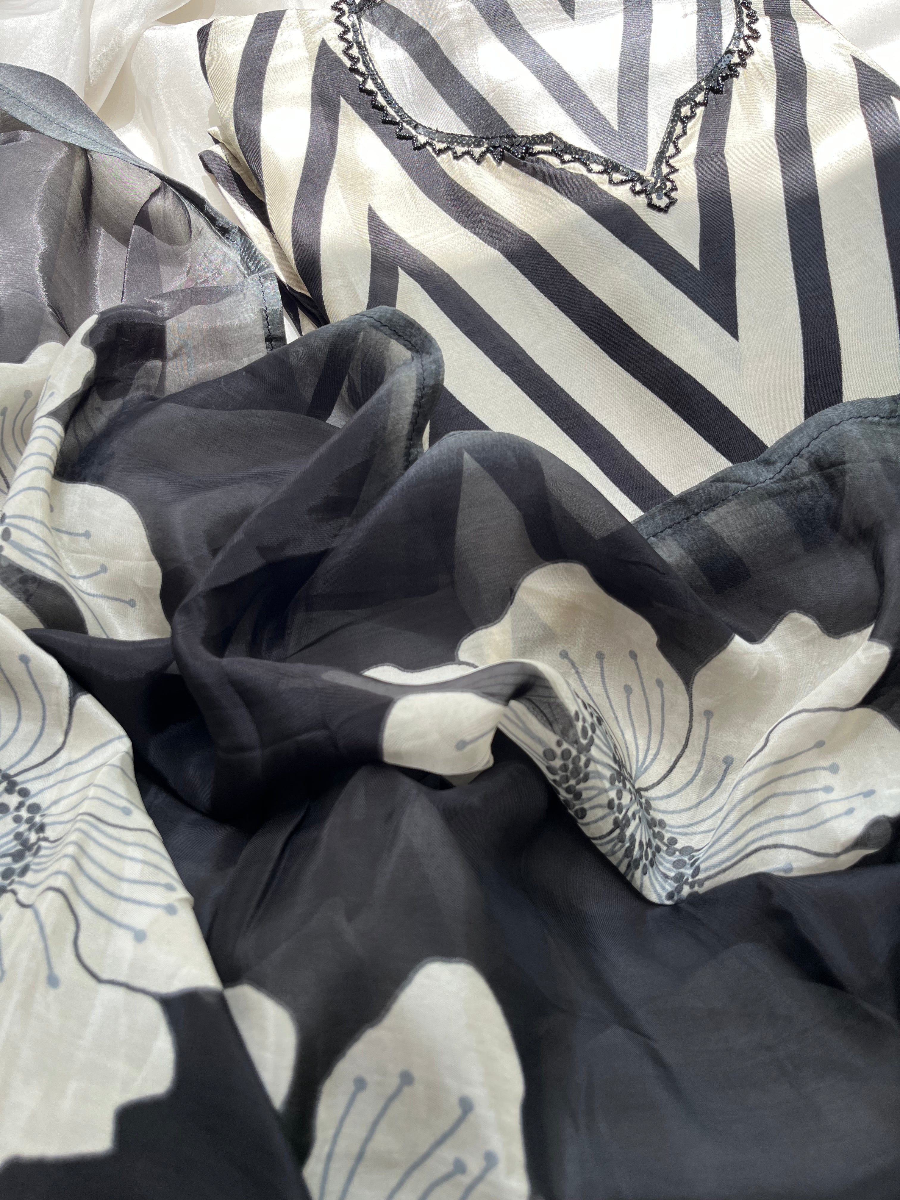 White with Black Stripes Muslin Semi stitched salwar set