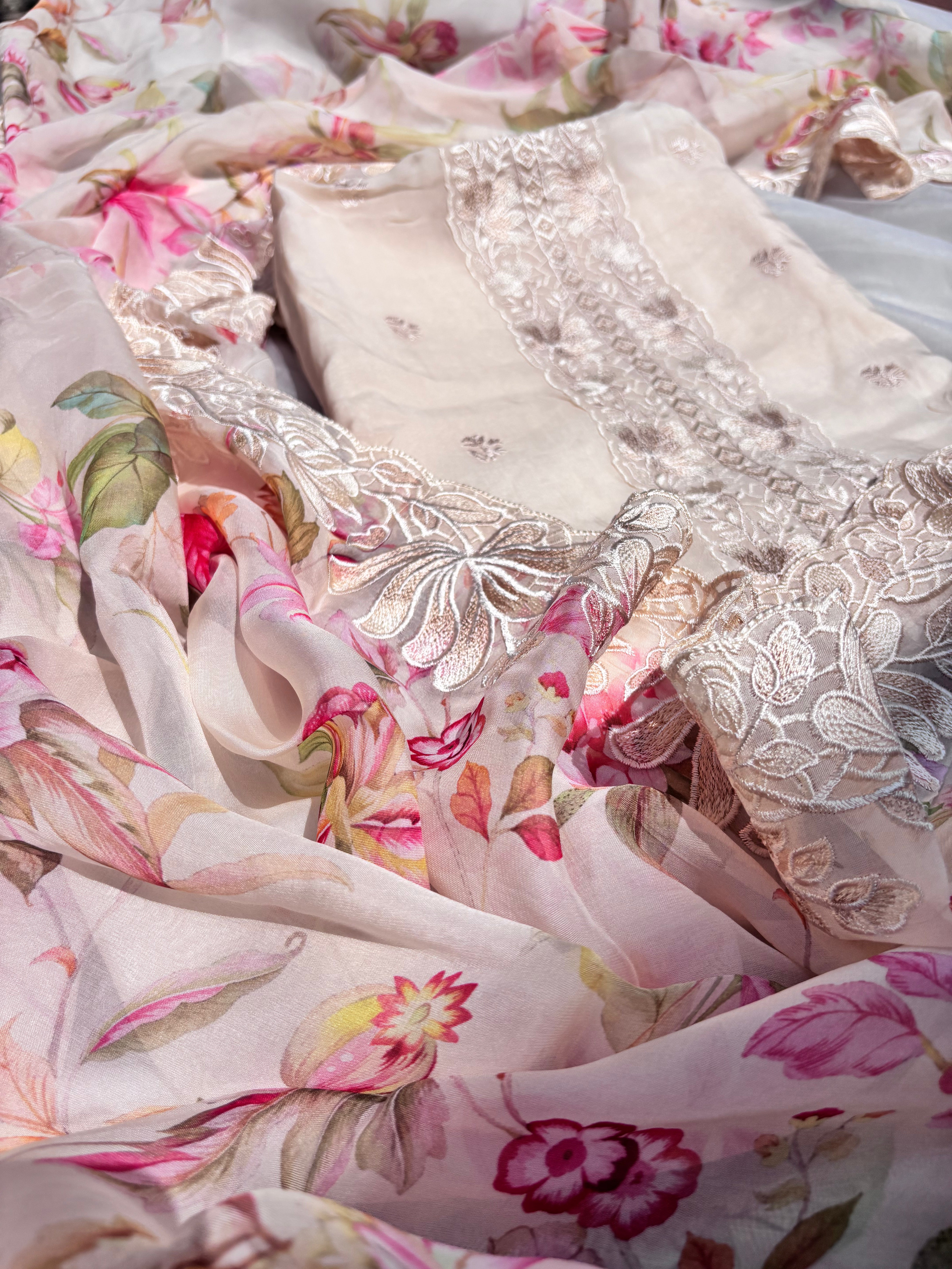 Off White Organza Semi Stitched Salwar Set