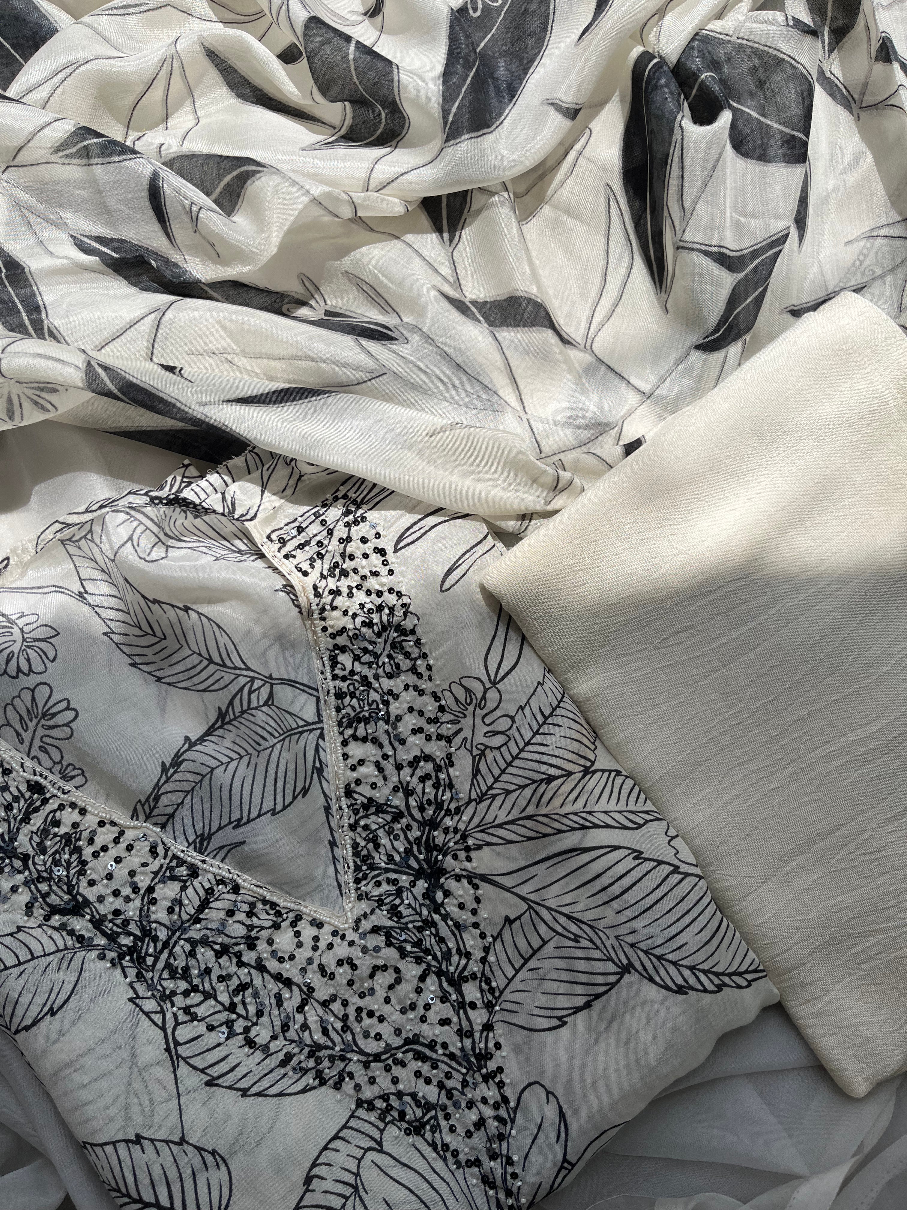 Black & White Tropical Print Muslin Semi stitched salwar set