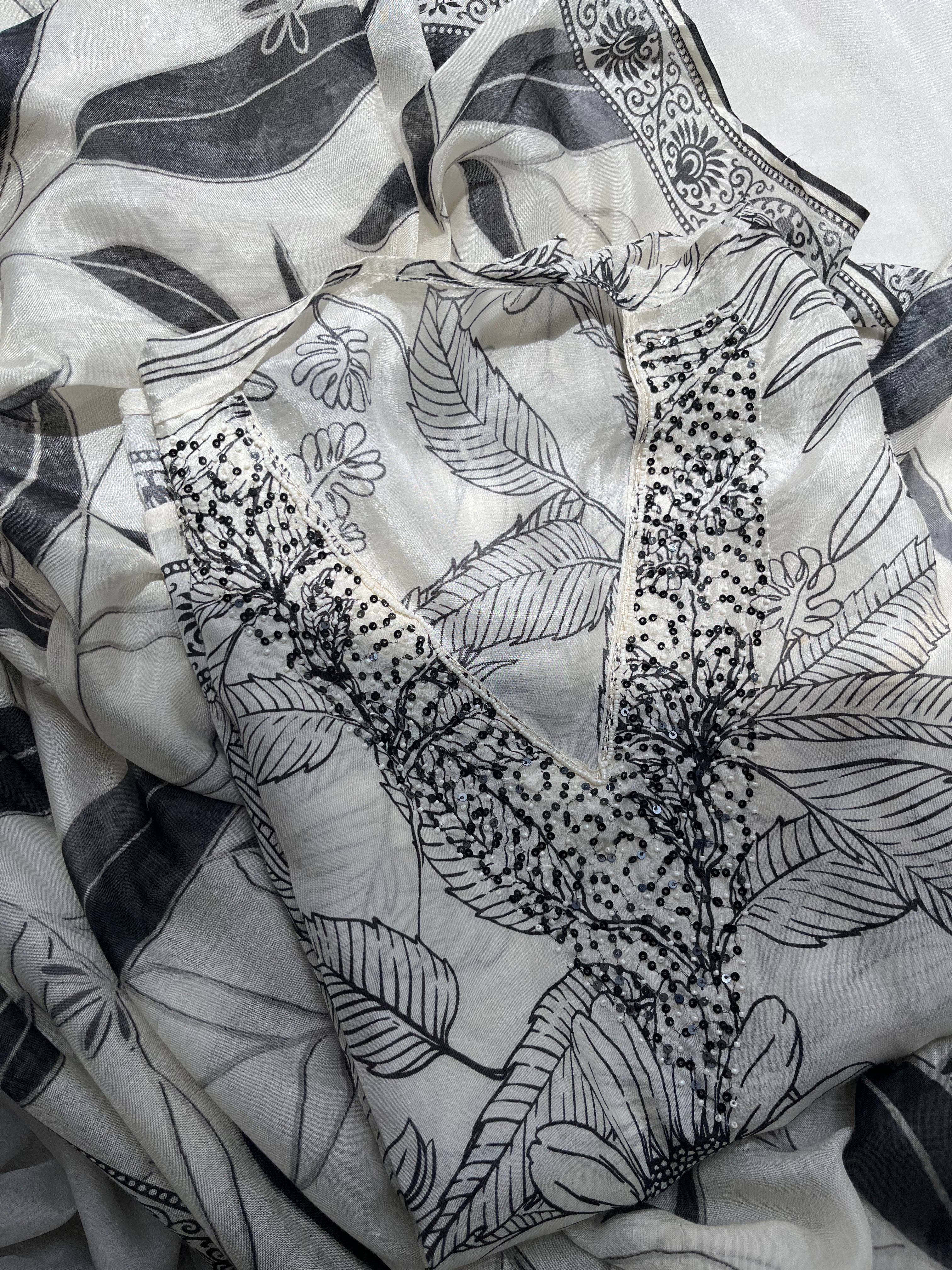 Black & White Tropical Print Muslin Semi stitched salwar set