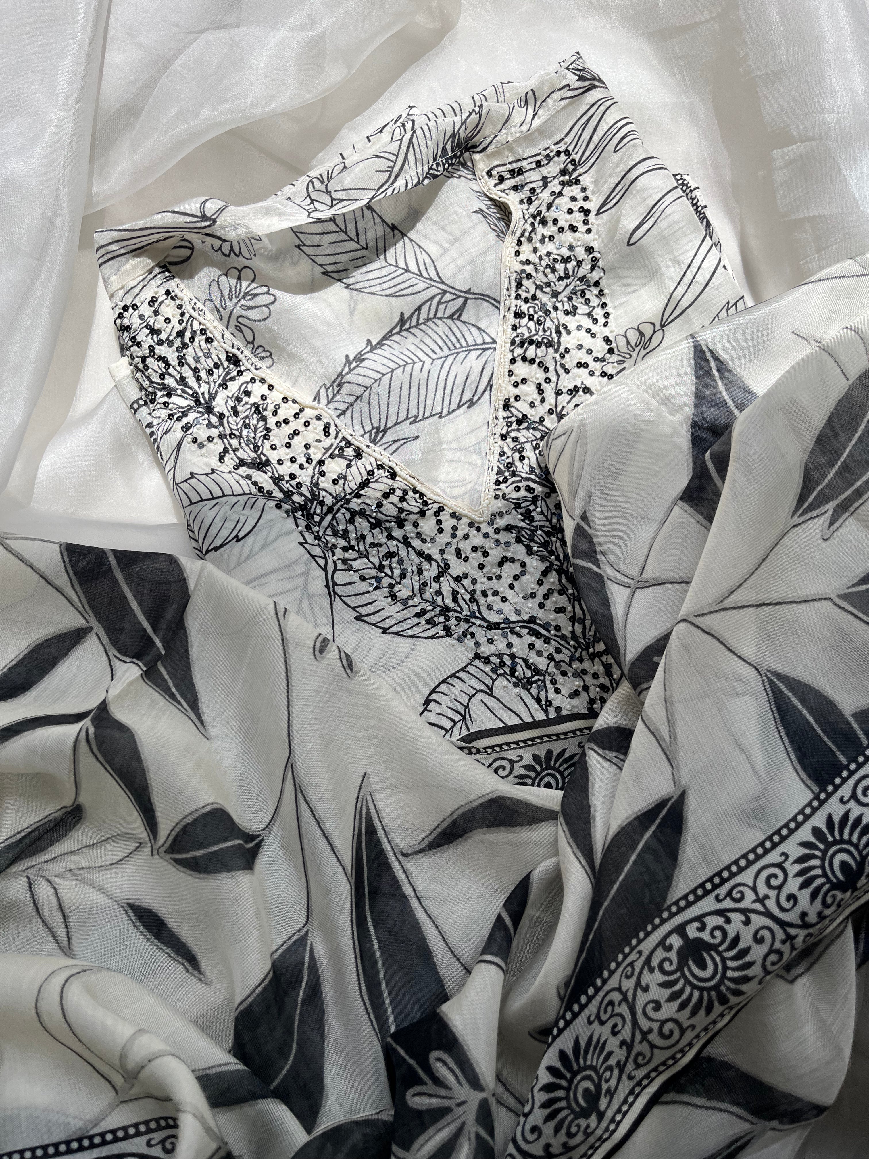 Black & White Tropical Print Muslin Semi stitched salwar set