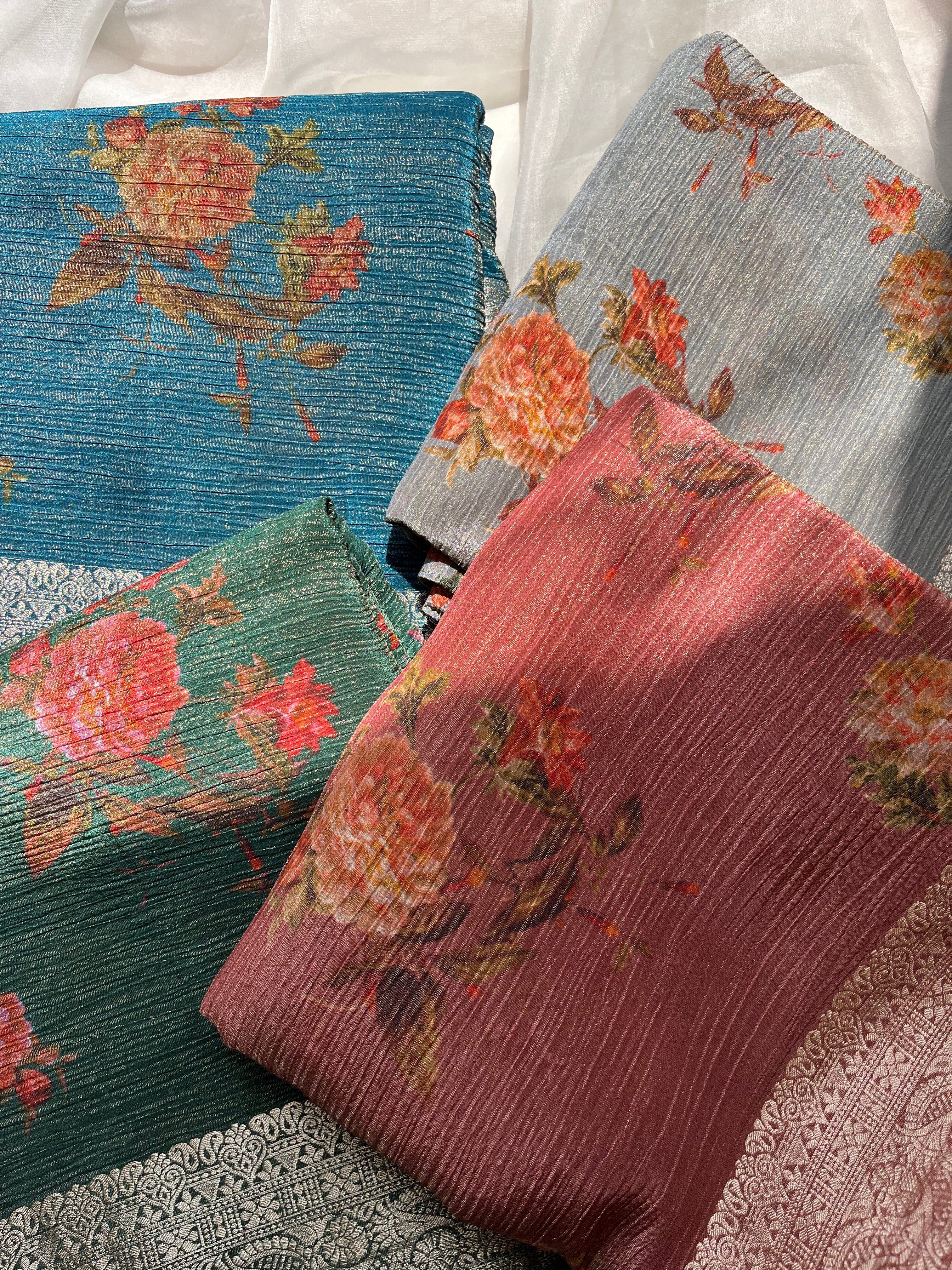 Blue, Green, Grey & Brown Tissue Georgette Sarees