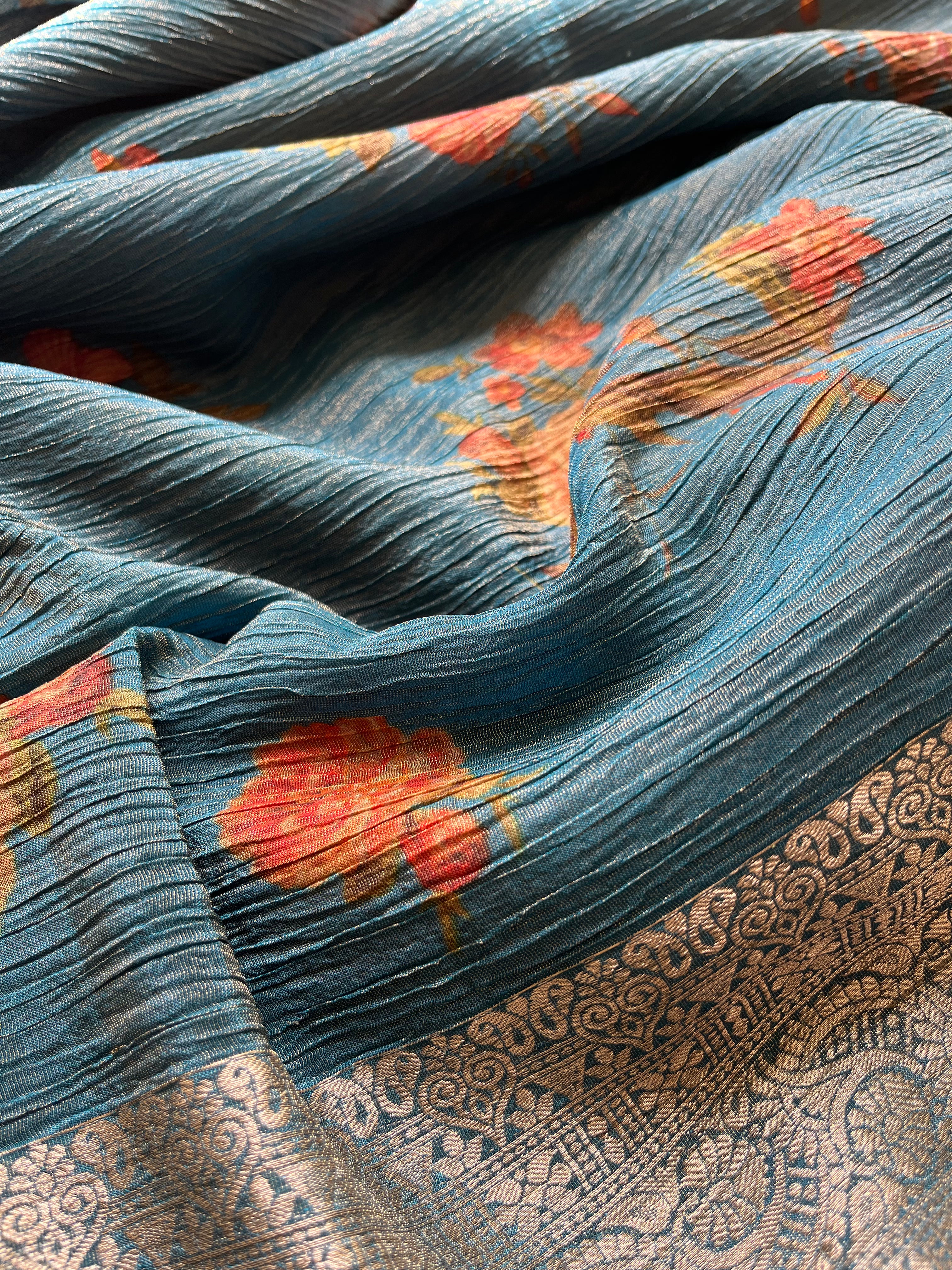Blue, Green, Grey & Brown Tissue Georgette Sarees