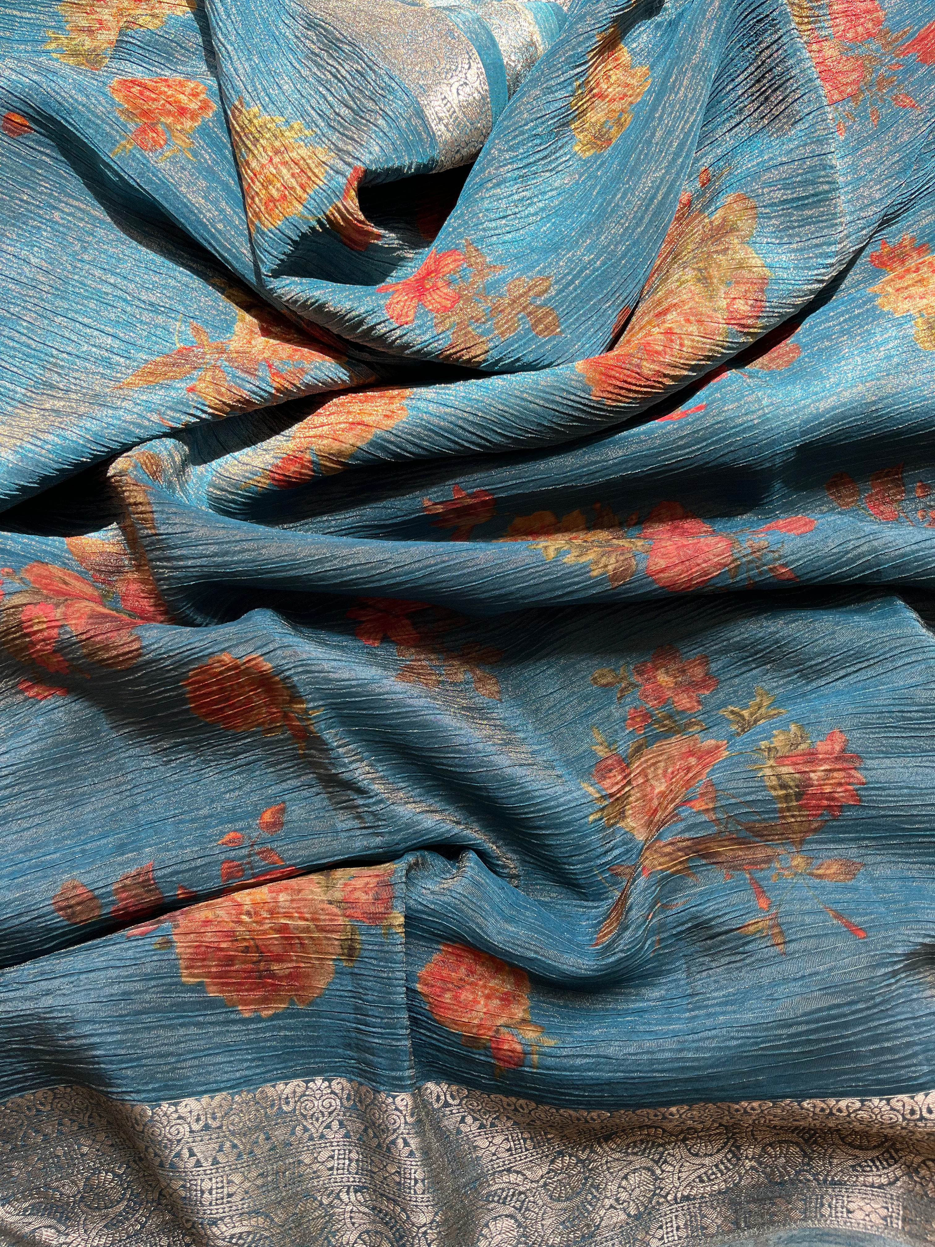 Blue, Green, Grey & Brown Tissue Georgette Sarees