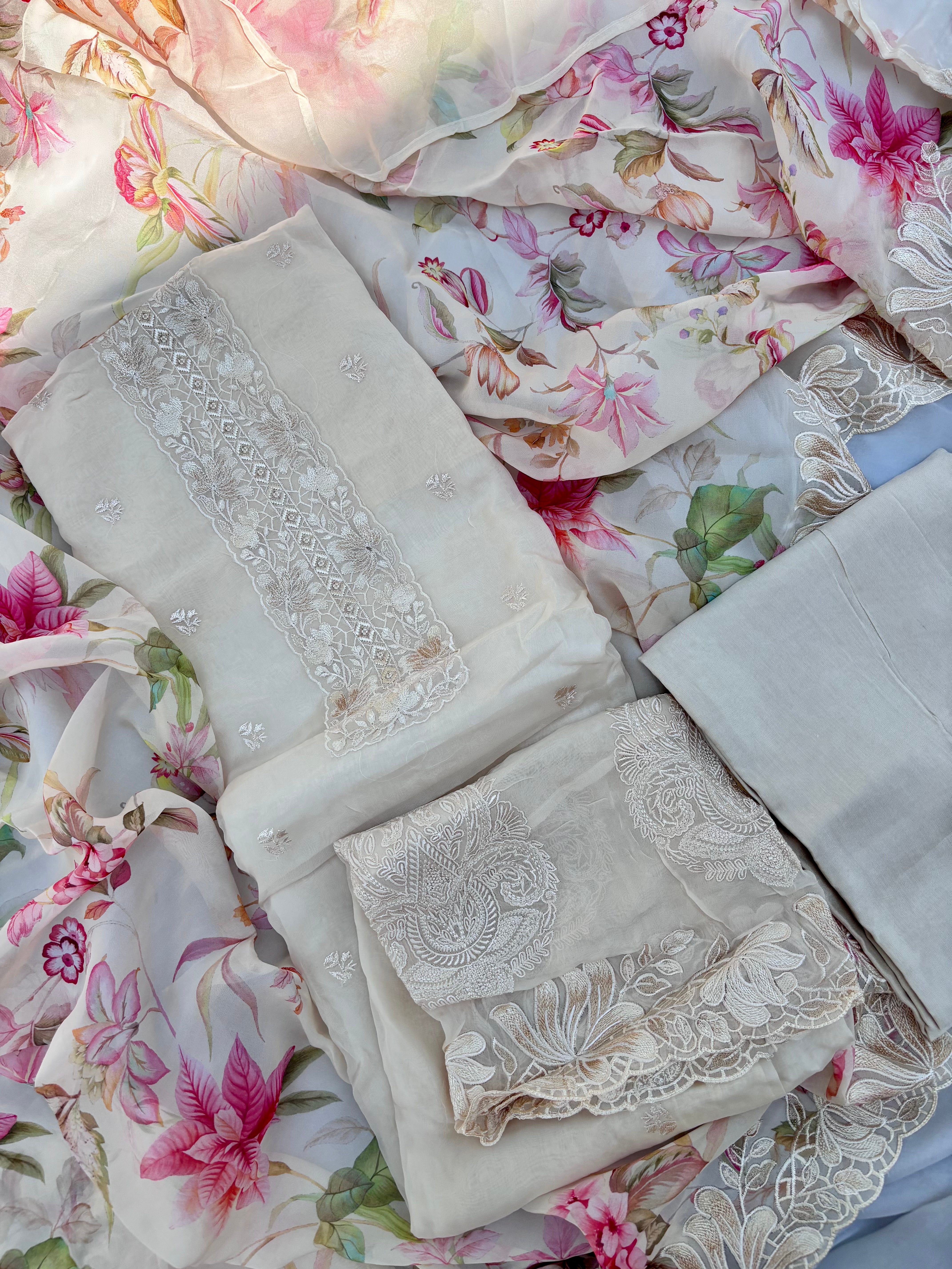 Off White Organza Semi Stitched Salwar Set