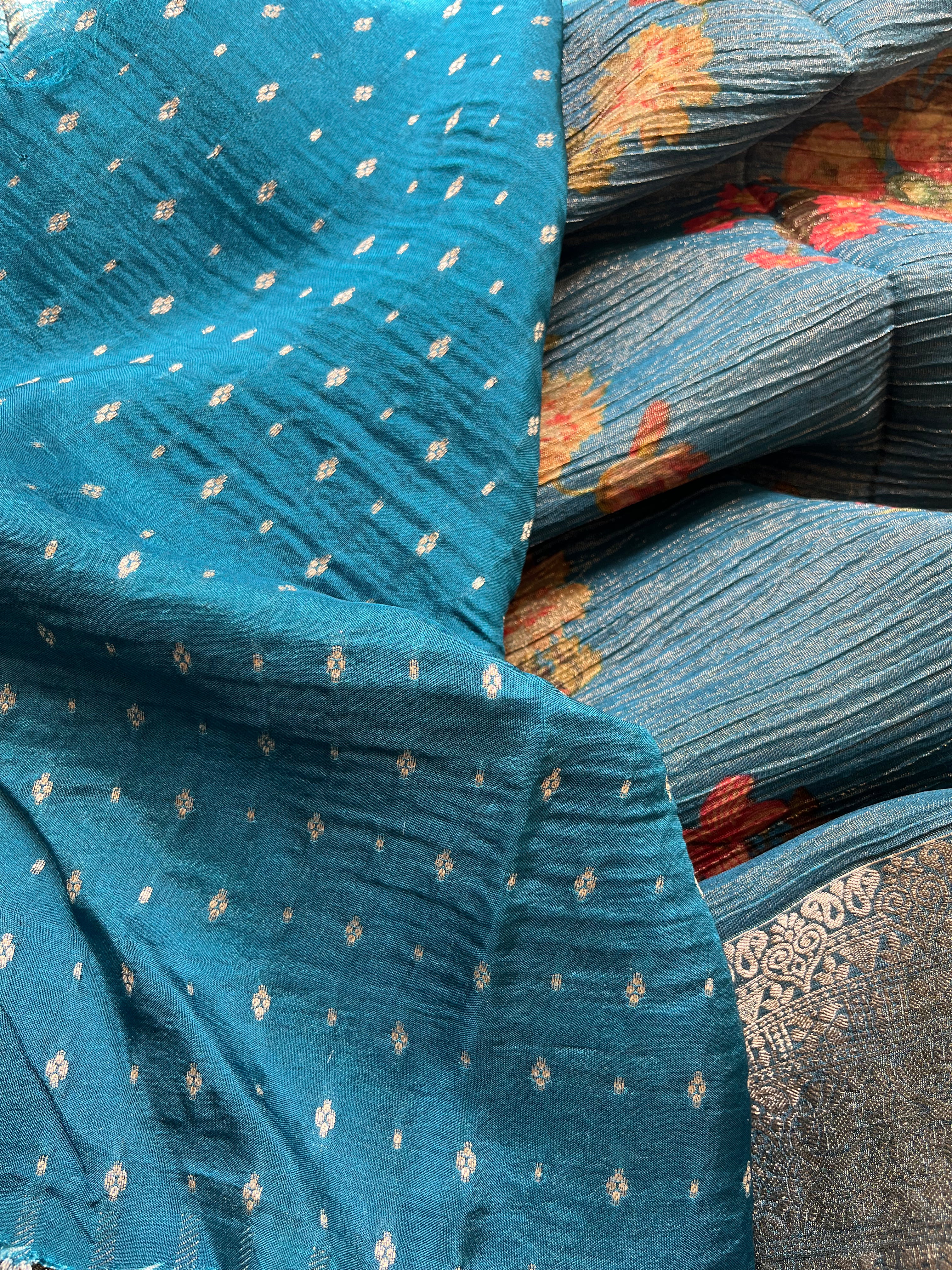 Blue, Green, Grey & Brown Tissue Georgette Sarees