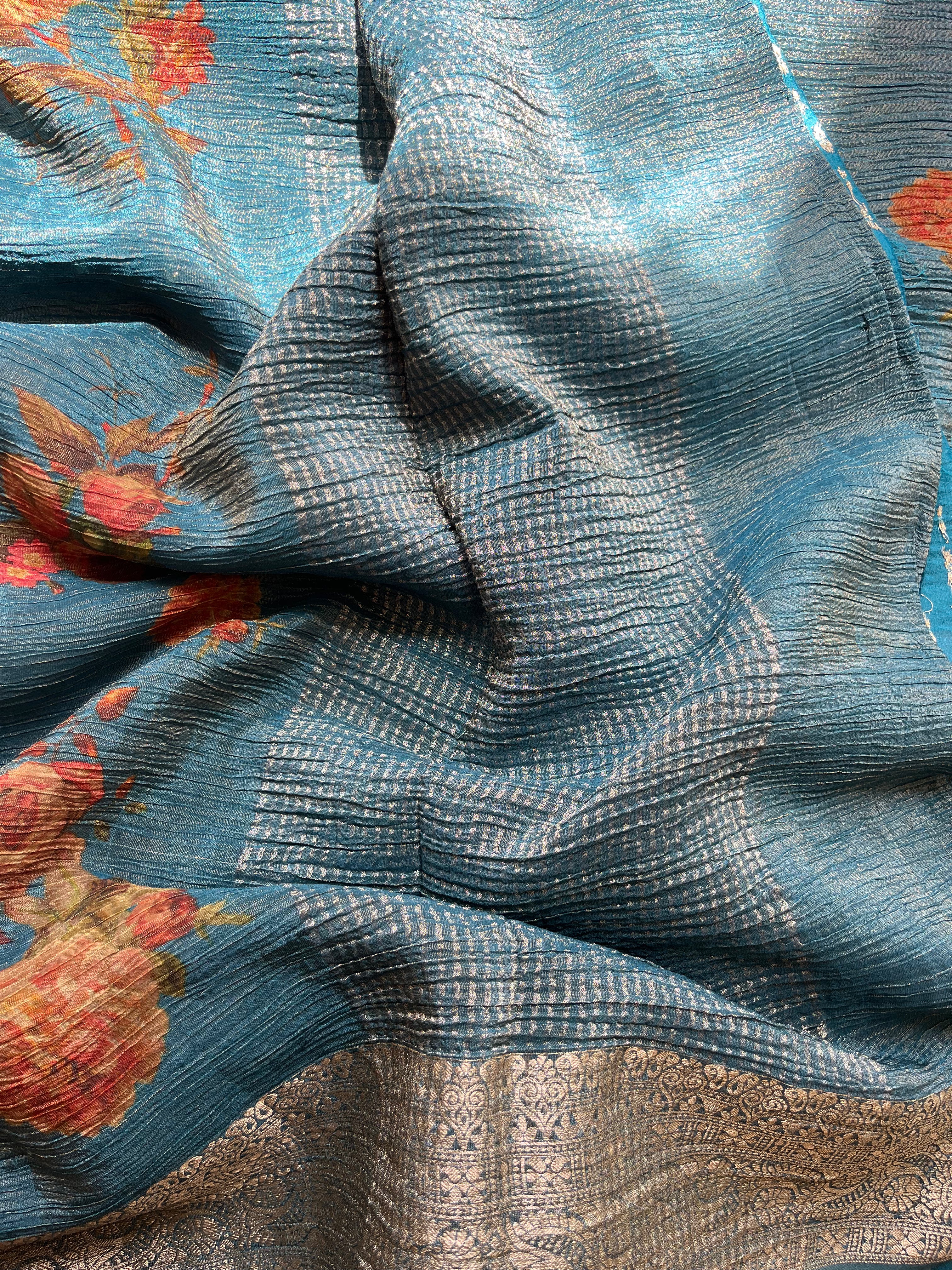 Blue, Green, Grey & Brown Tissue Georgette Sarees