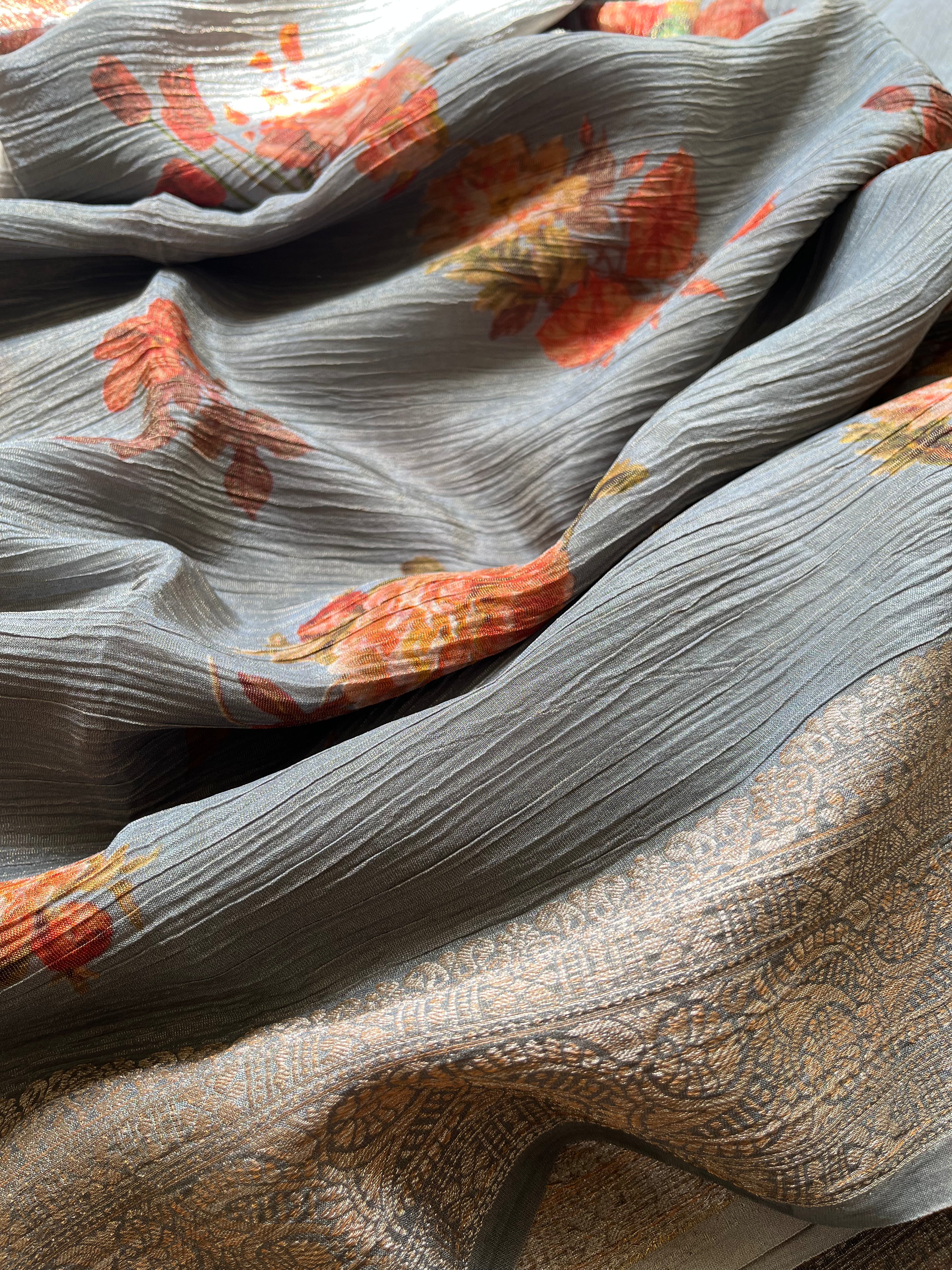 Blue, Green, Grey & Brown Tissue Georgette Sarees