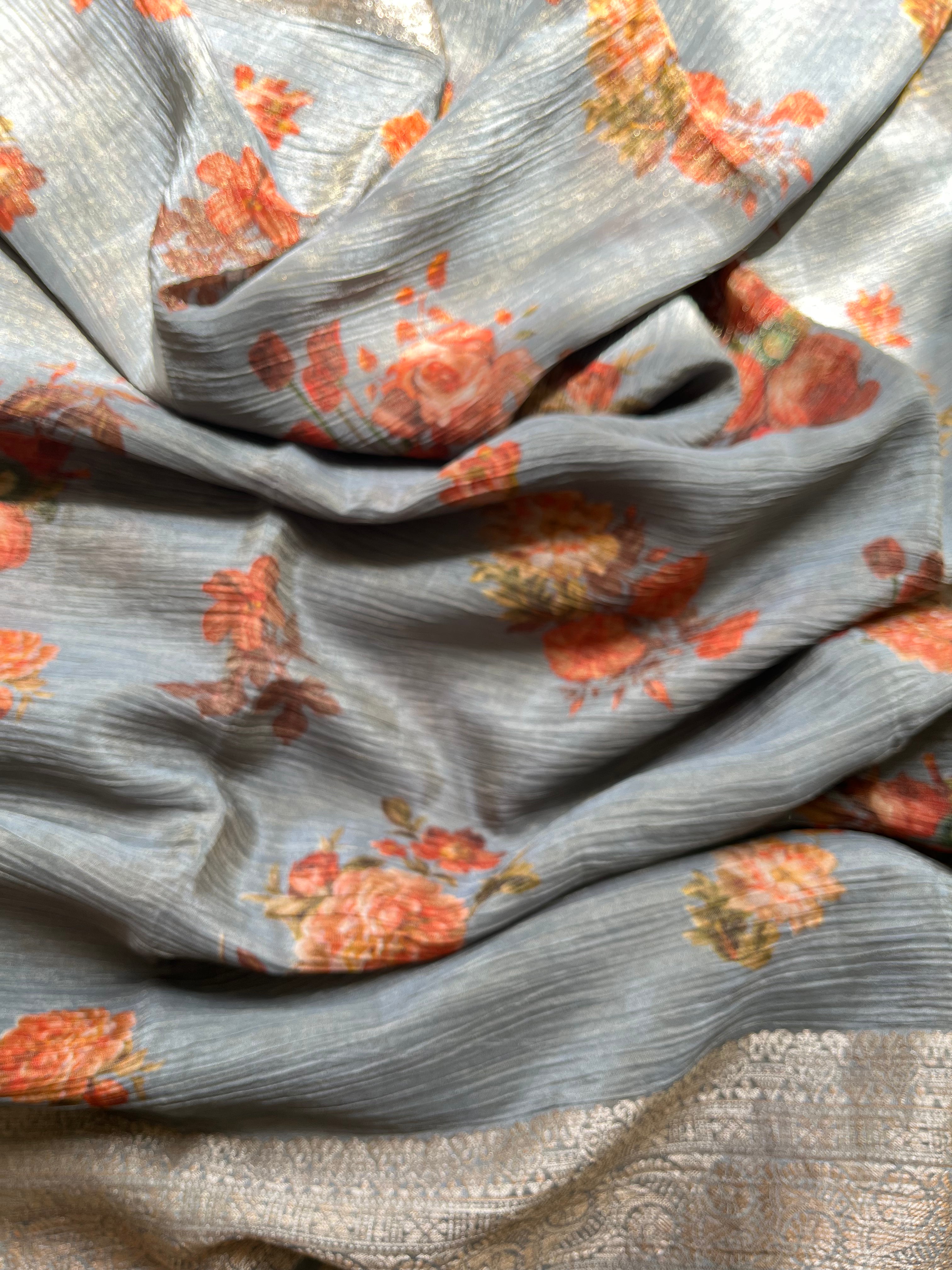 Blue, Green, Grey & Brown Tissue Georgette Sarees