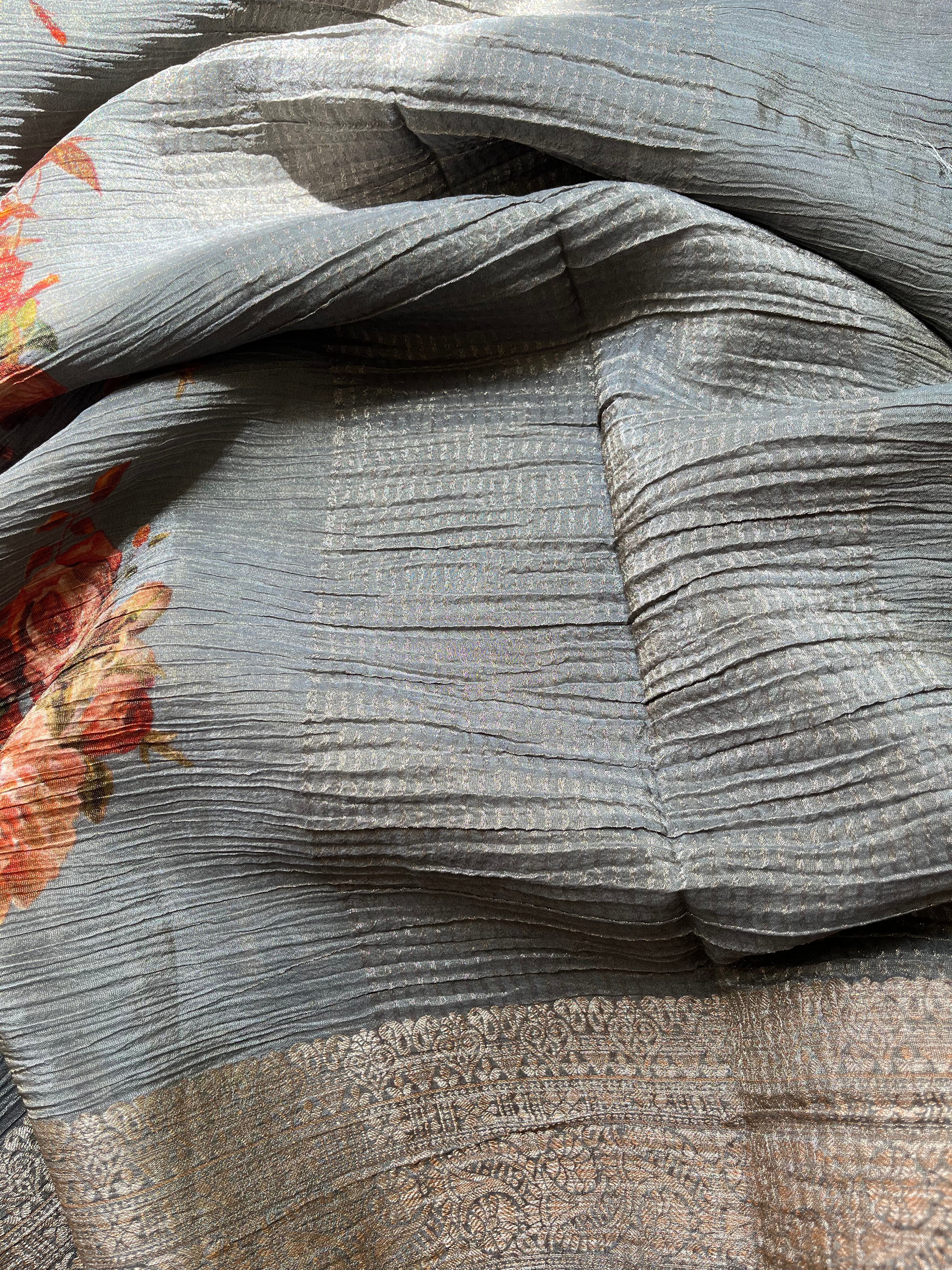 Blue, Green, Grey & Brown Tissue Georgette Sarees