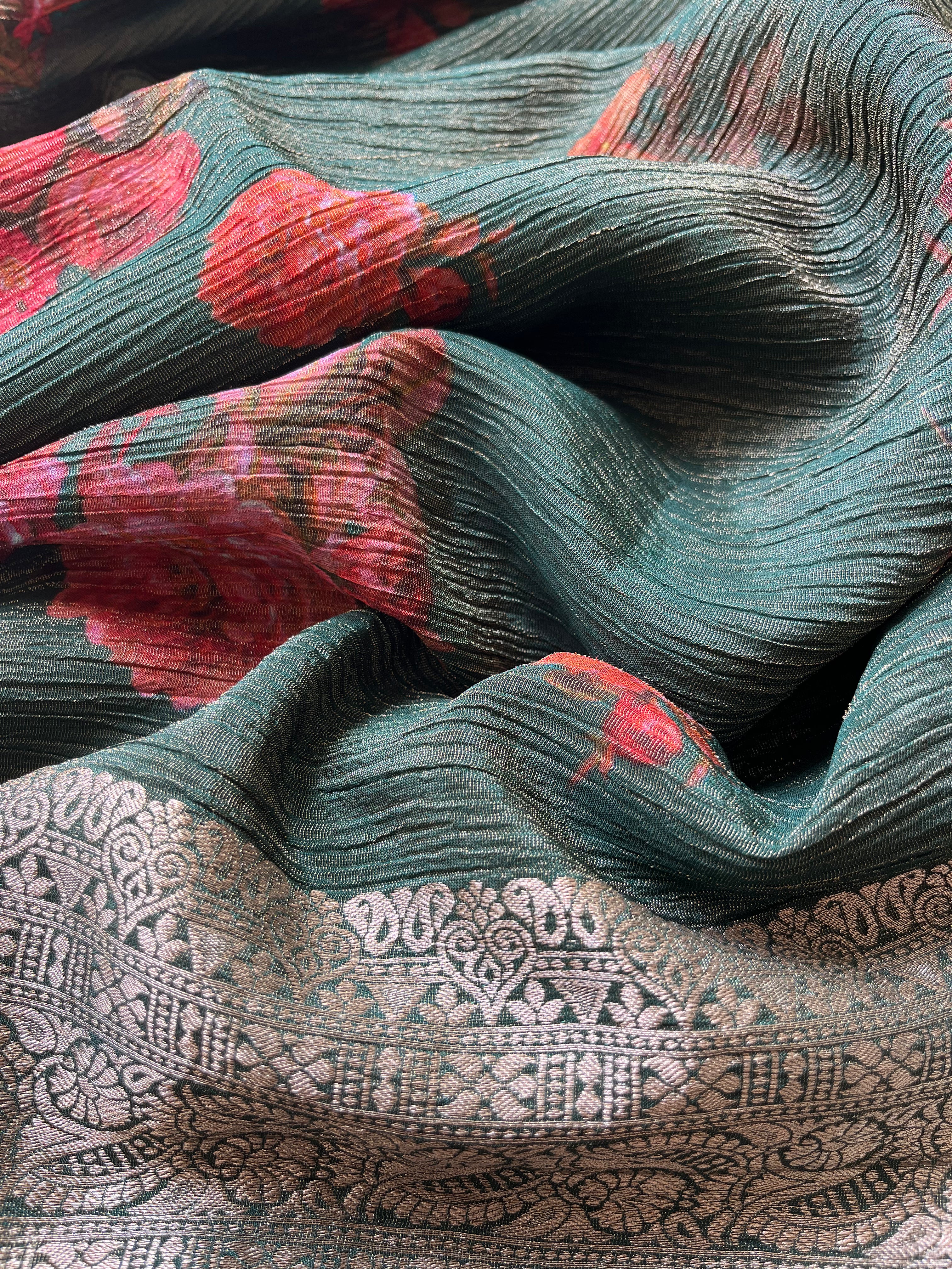 Blue, Green, Grey & Brown Tissue Georgette Sarees