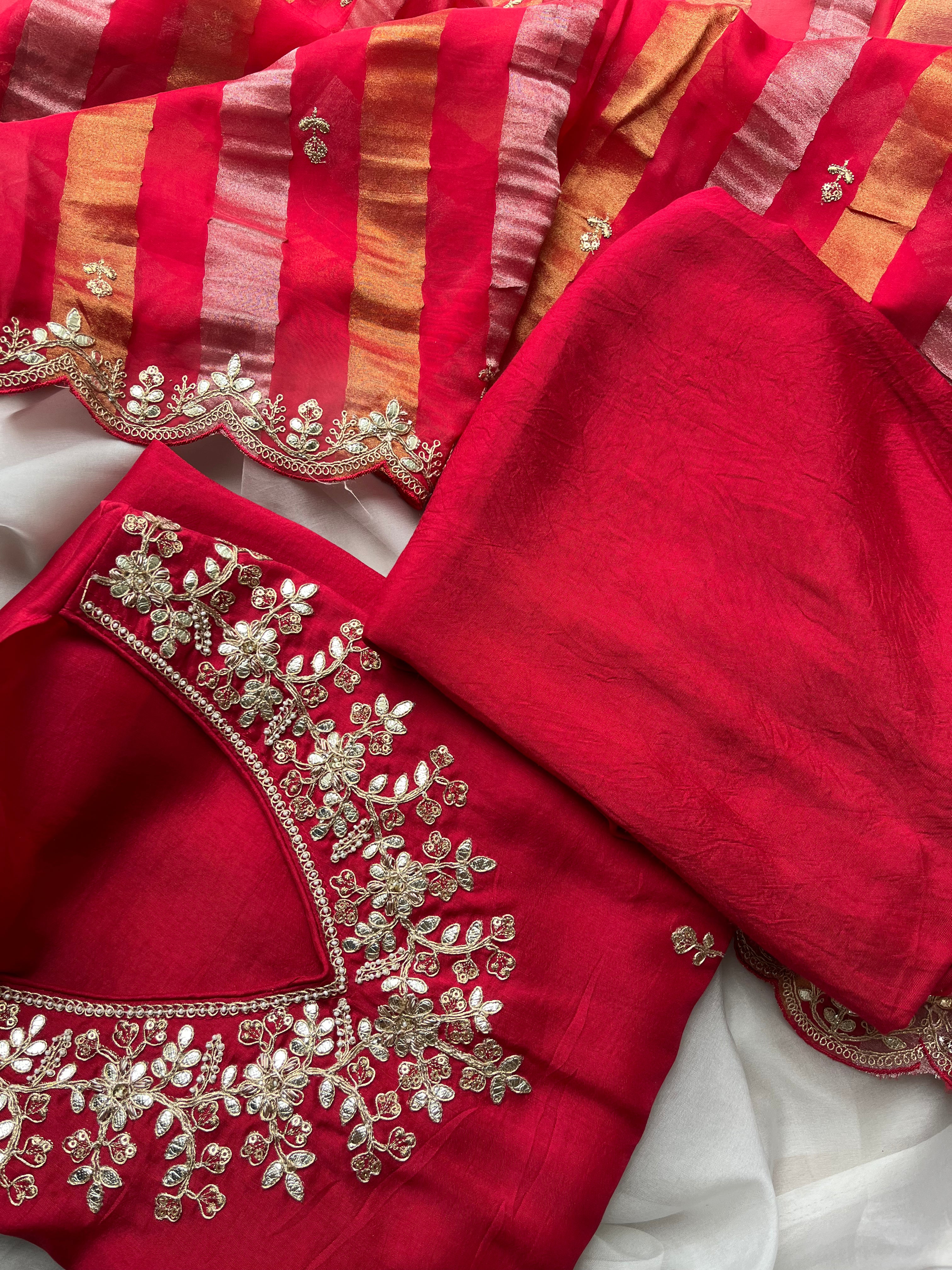 Red & Purple semi raw silk Semi stitched salwar set