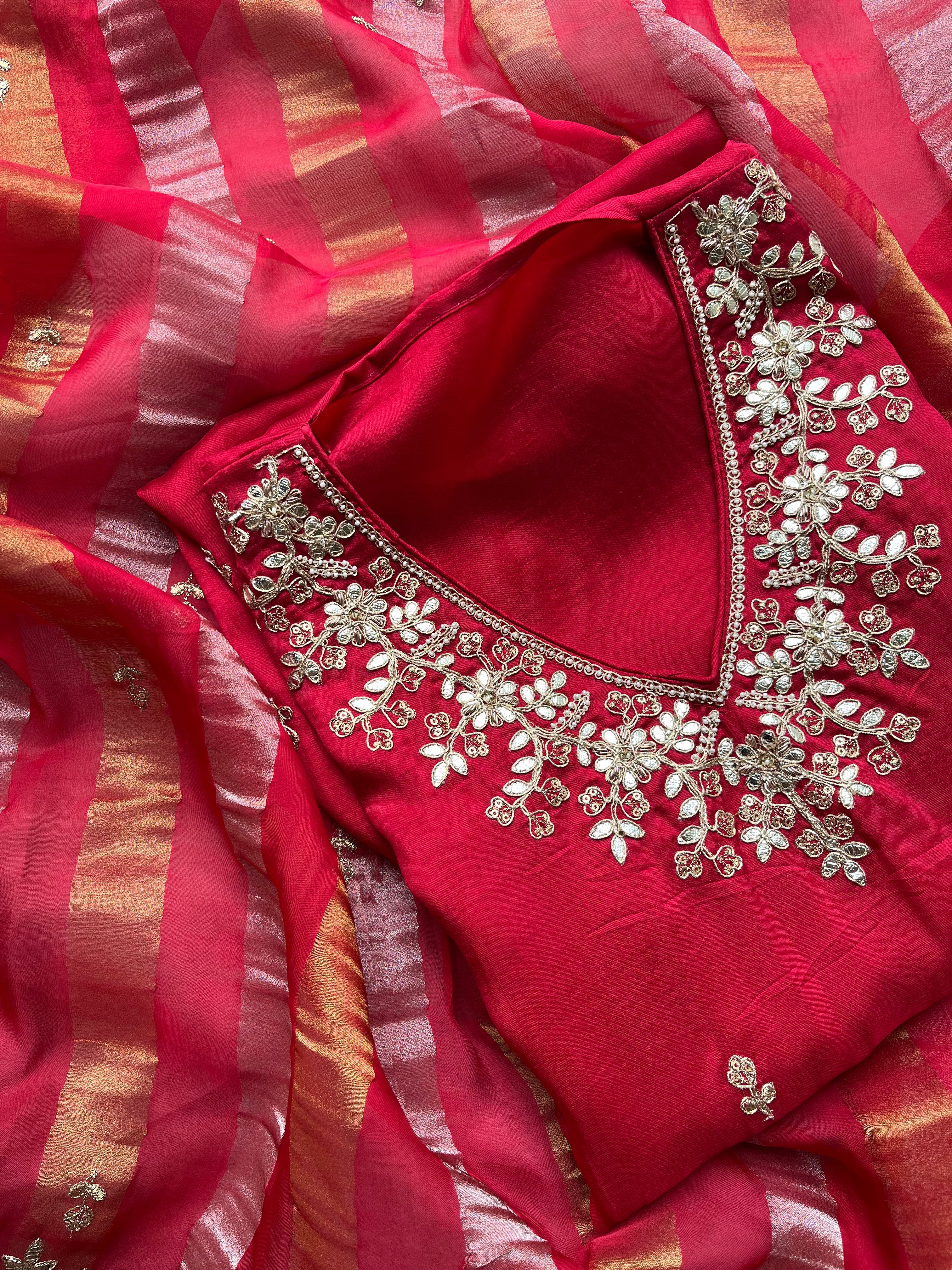 Red & Purple semi raw silk Semi stitched salwar set