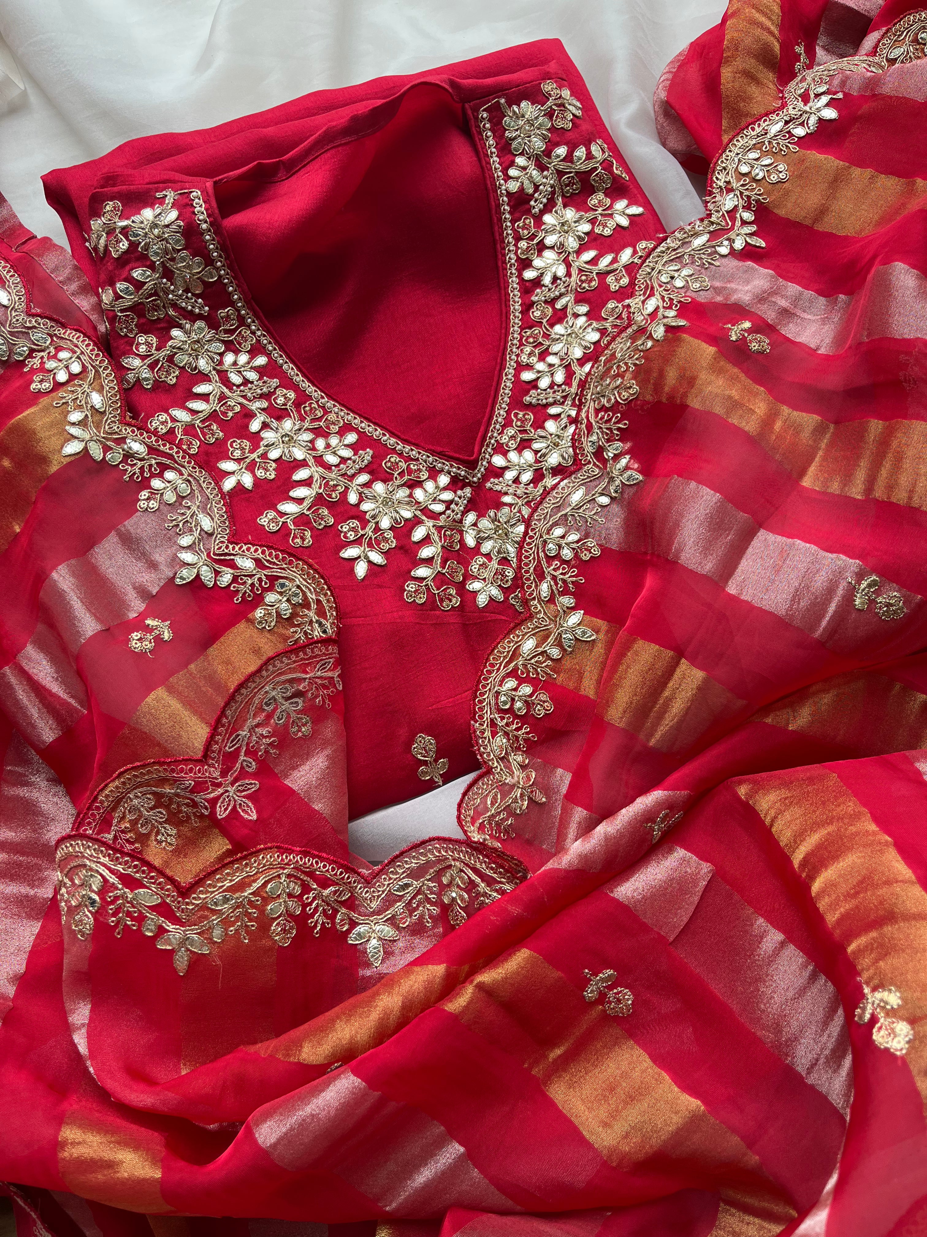 Red & Purple semi raw silk Semi stitched salwar set