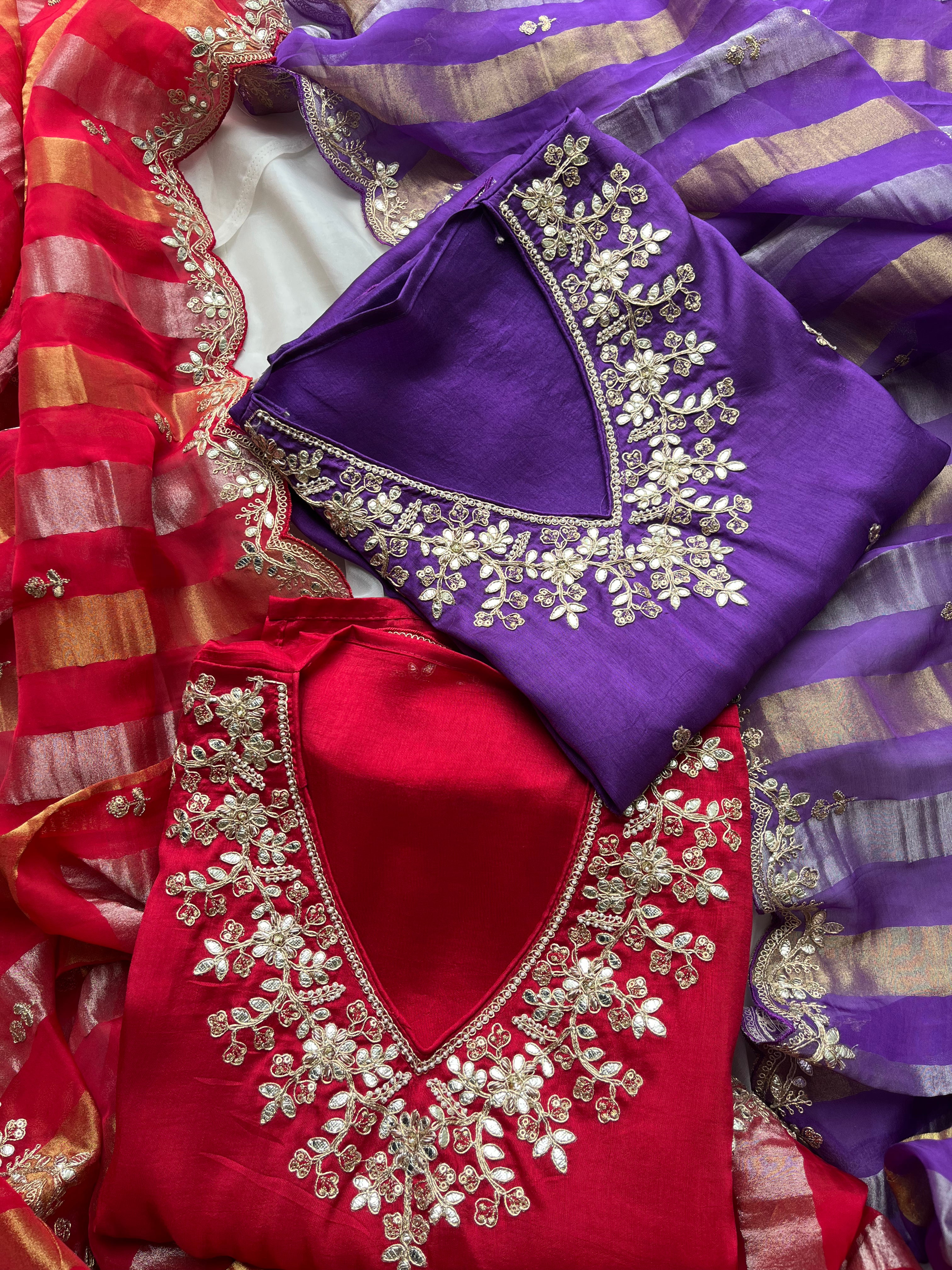 Red & Purple semi raw silk Semi stitched salwar set