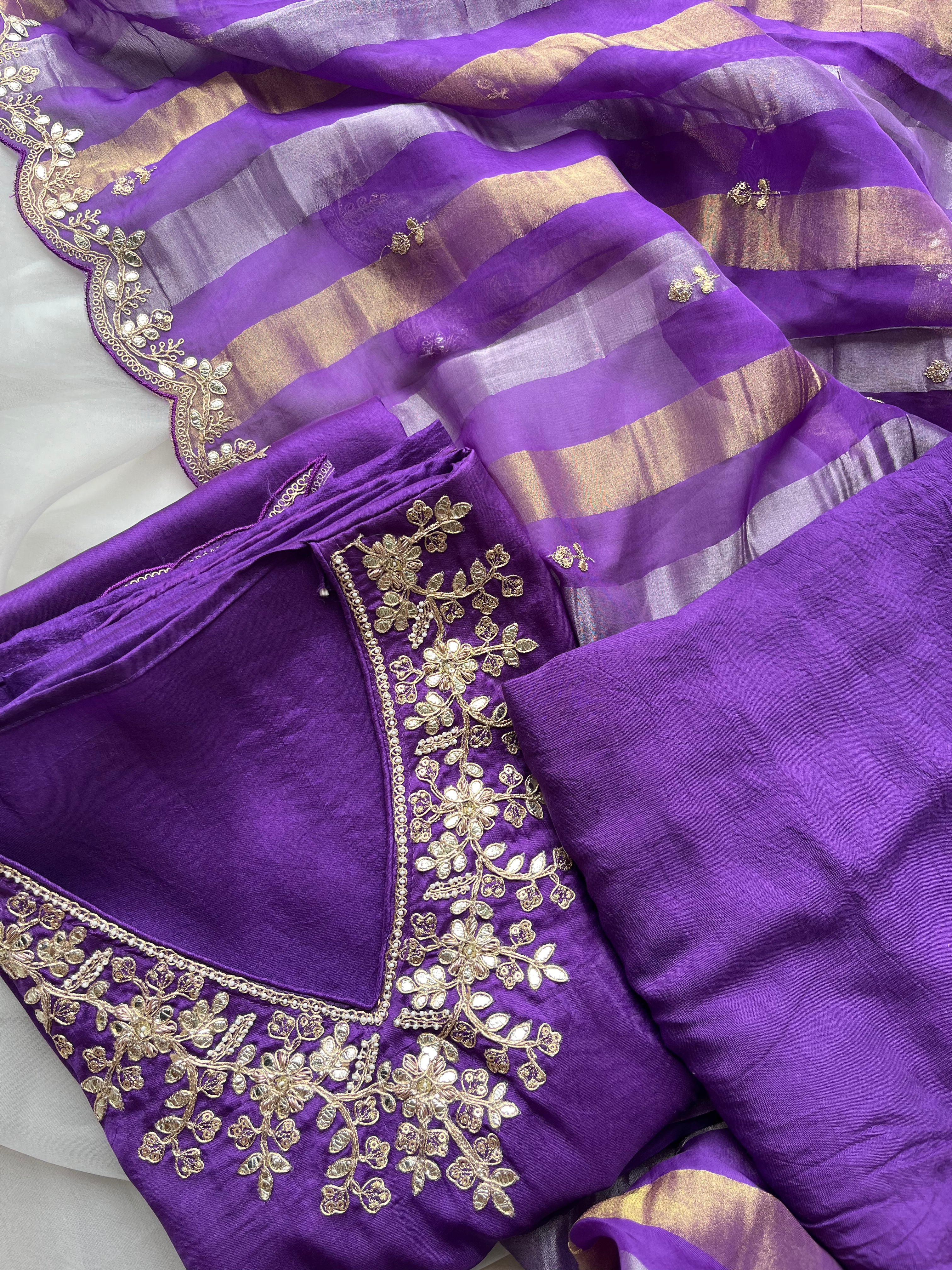 Red & Purple semi raw silk Semi stitched salwar set