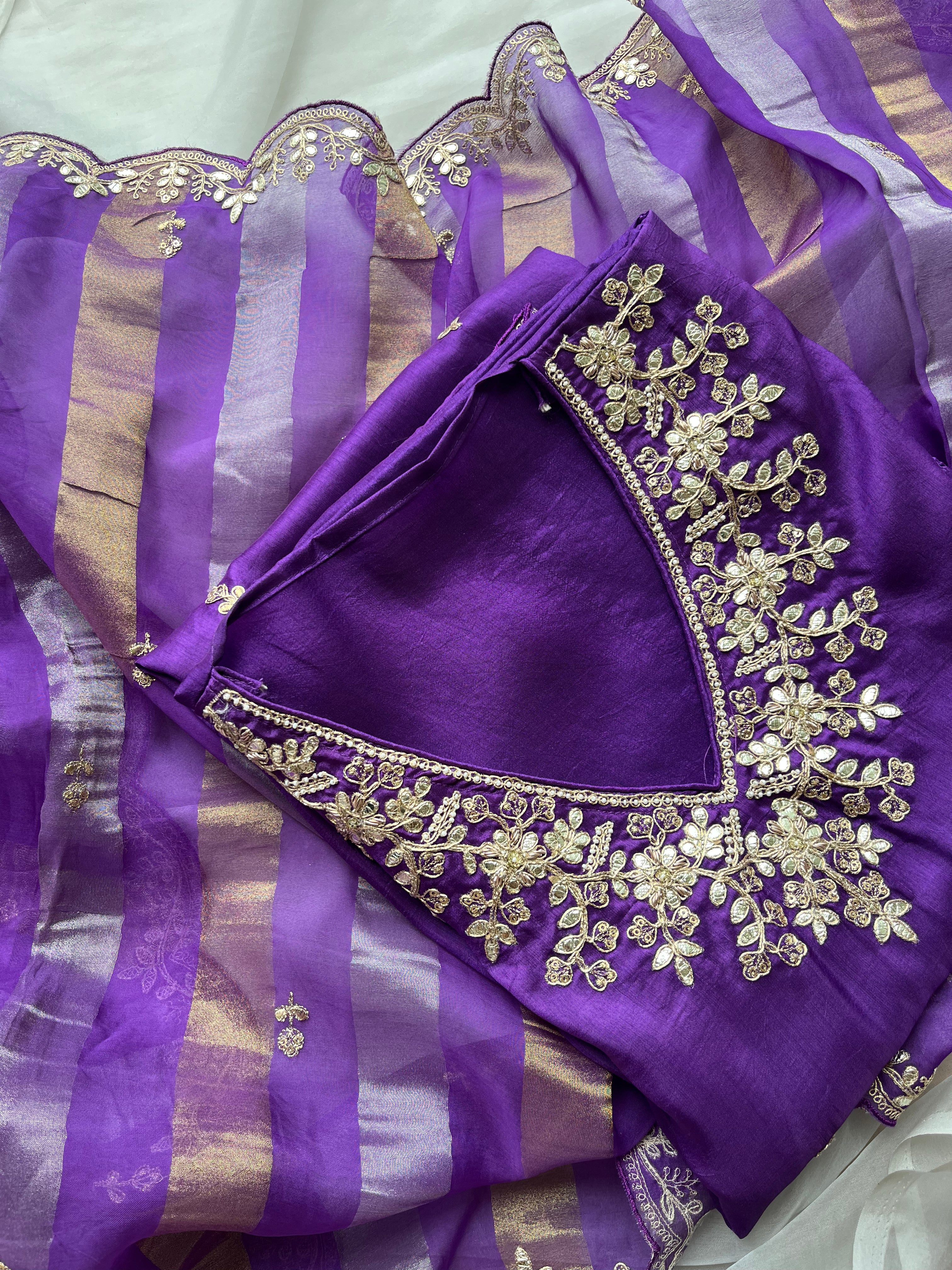 Red & Purple semi raw silk Semi stitched salwar set