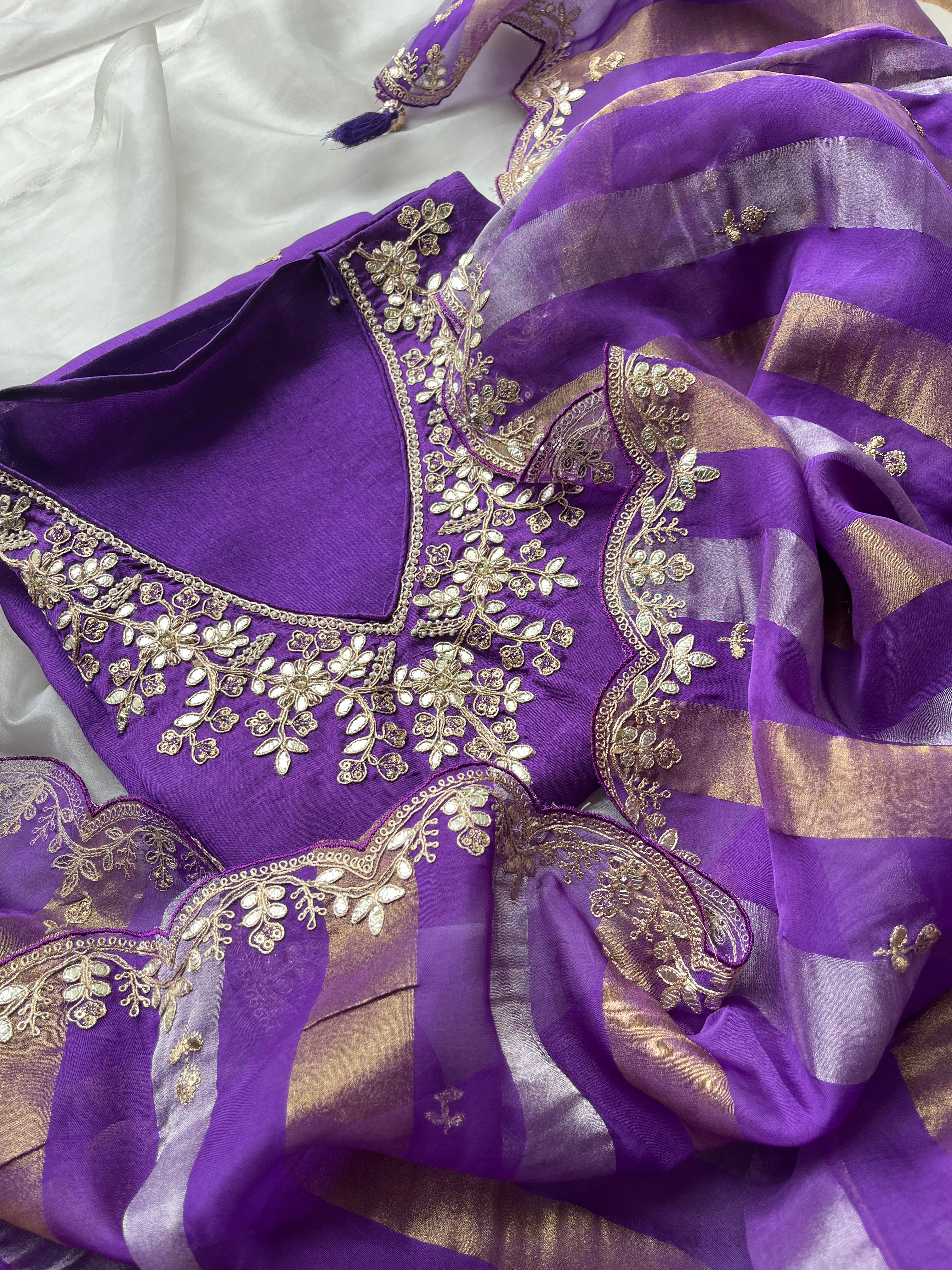 Red & Purple semi raw silk Semi stitched salwar set