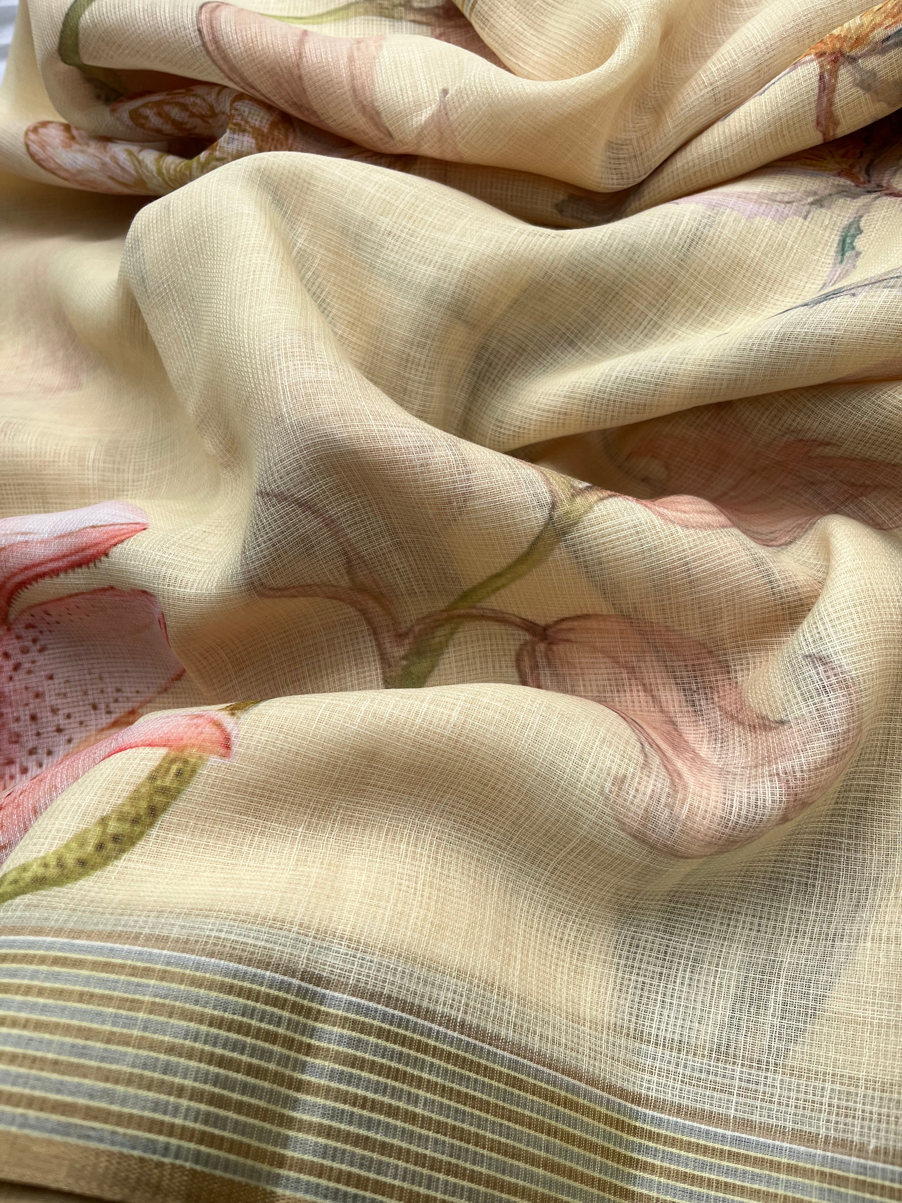 Yellow, Peach & Green Linen Cotton Sarees