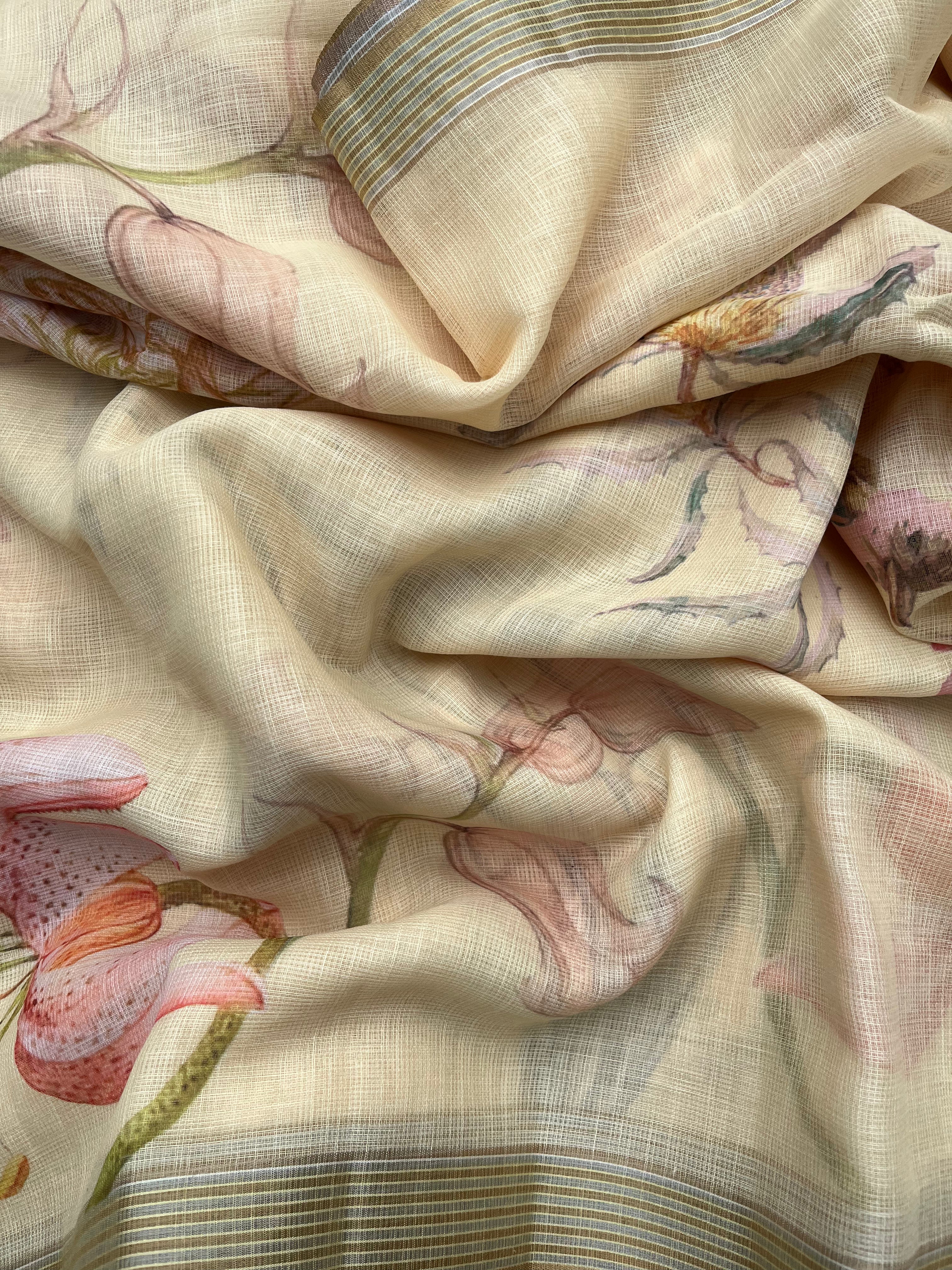 Yellow, Peach & Green Linen Cotton Sarees