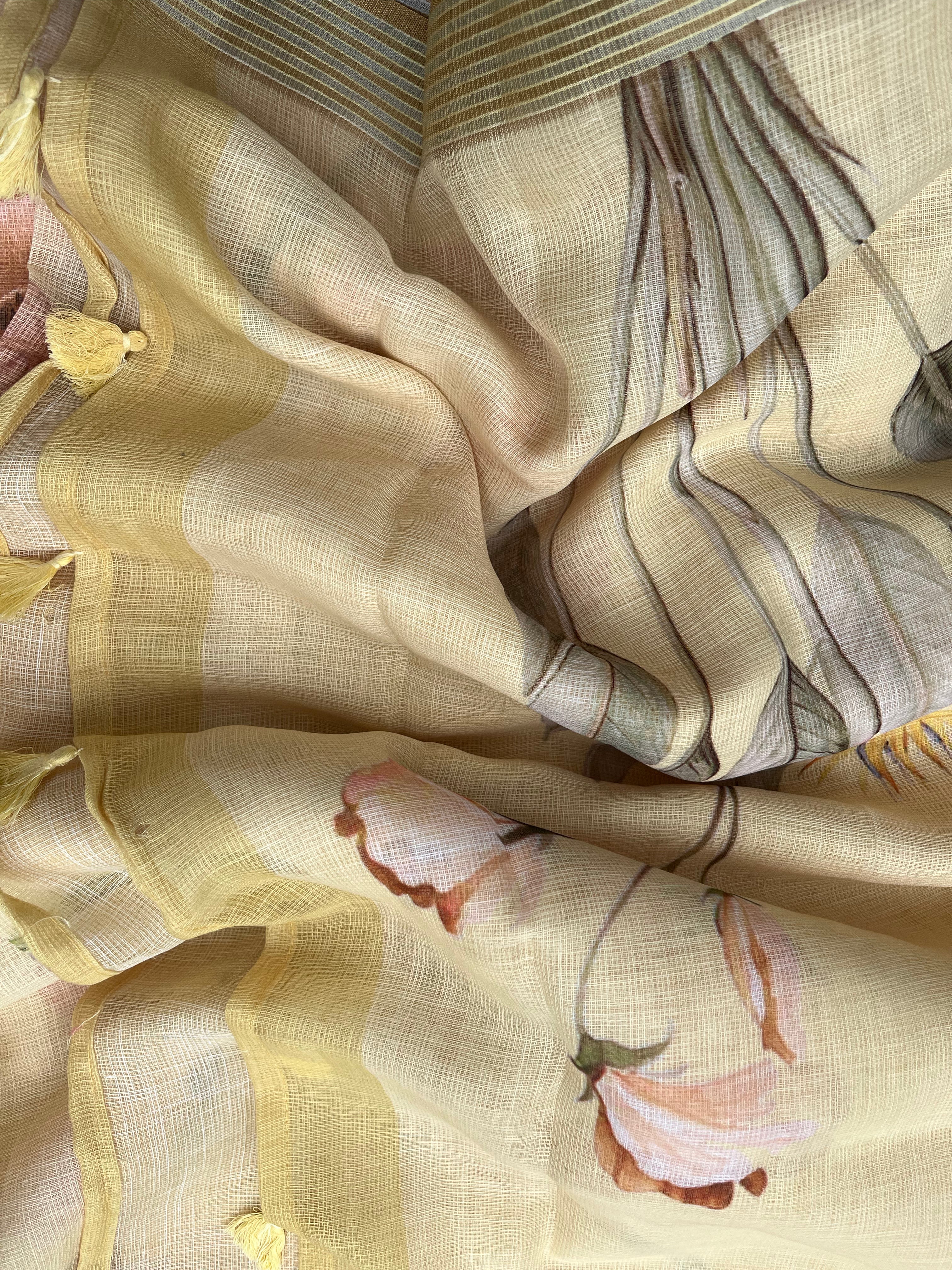 Yellow, Peach & Green Linen Cotton Sarees