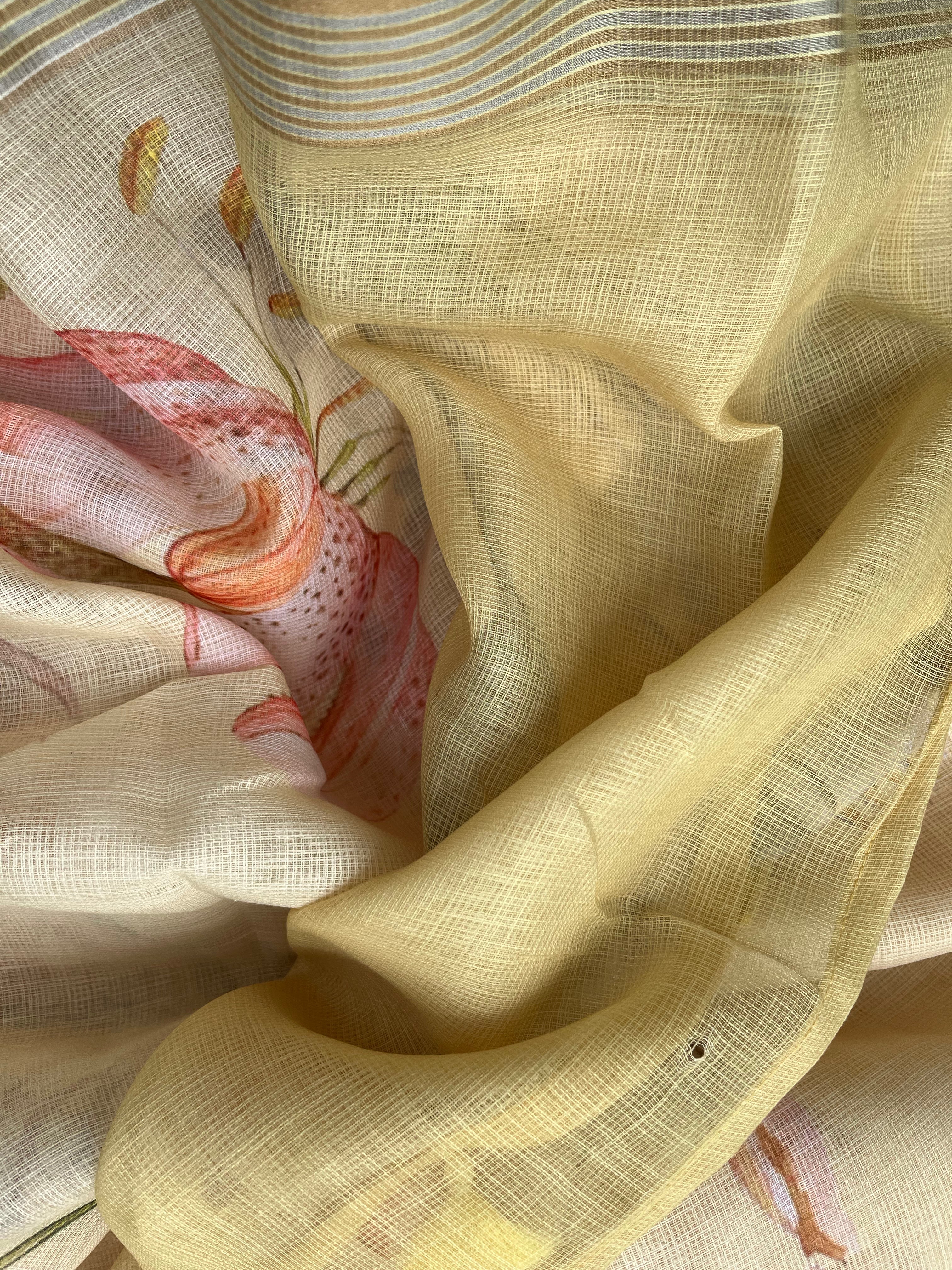 Yellow, Peach & Green Linen Cotton Sarees