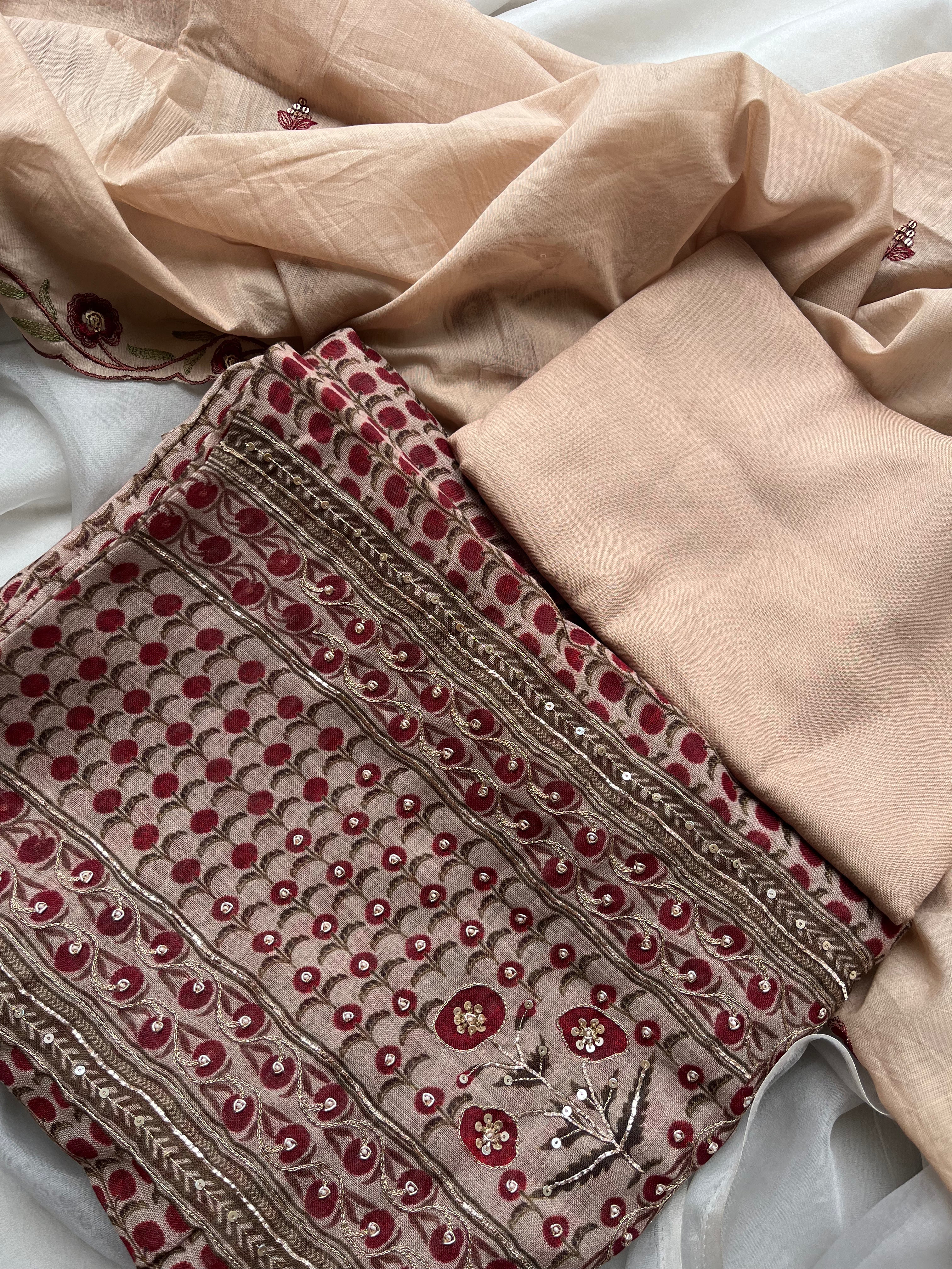Brown Linen Cotton unstitched salwar set