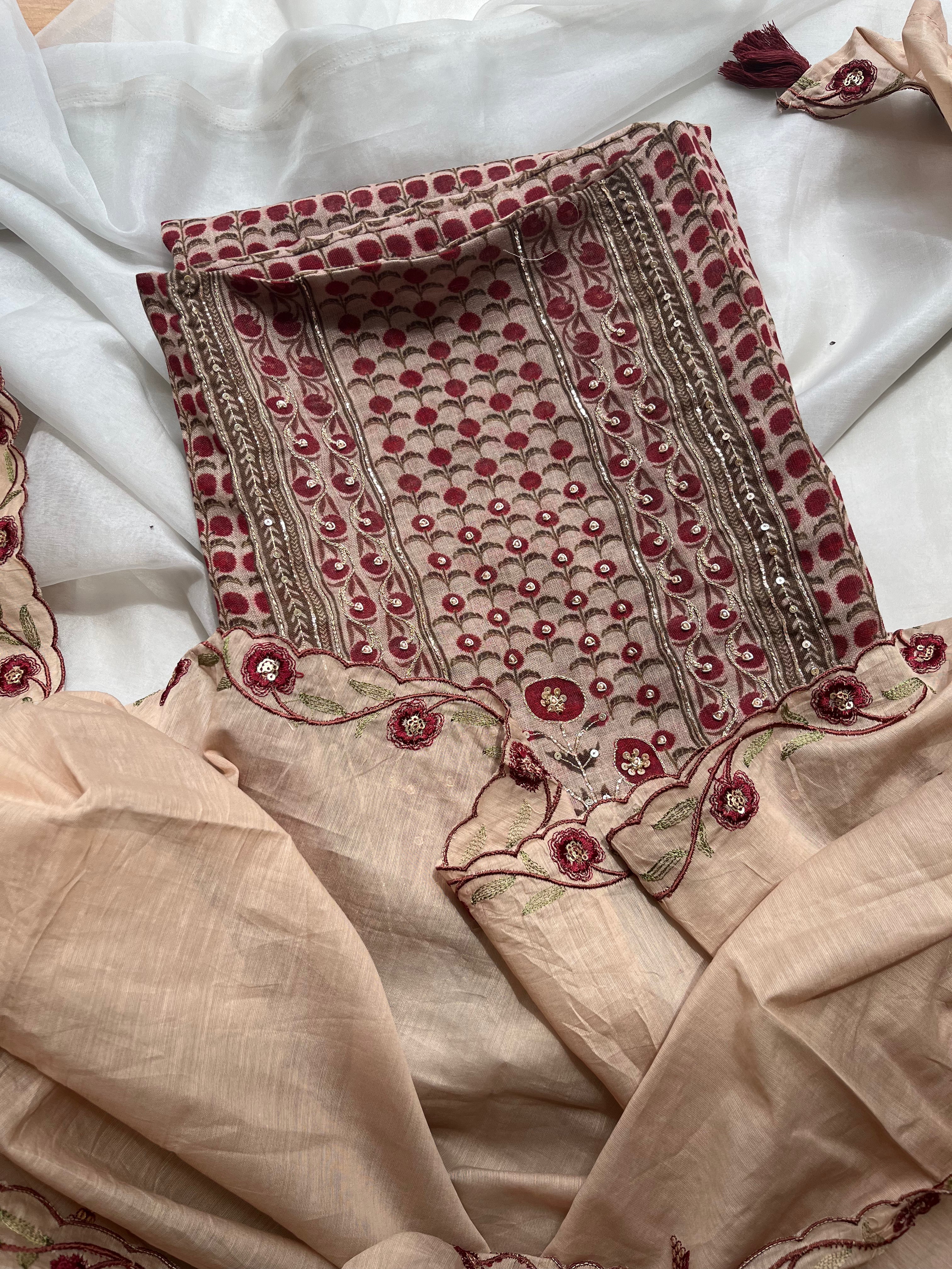 Brown Linen Cotton unstitched salwar set
