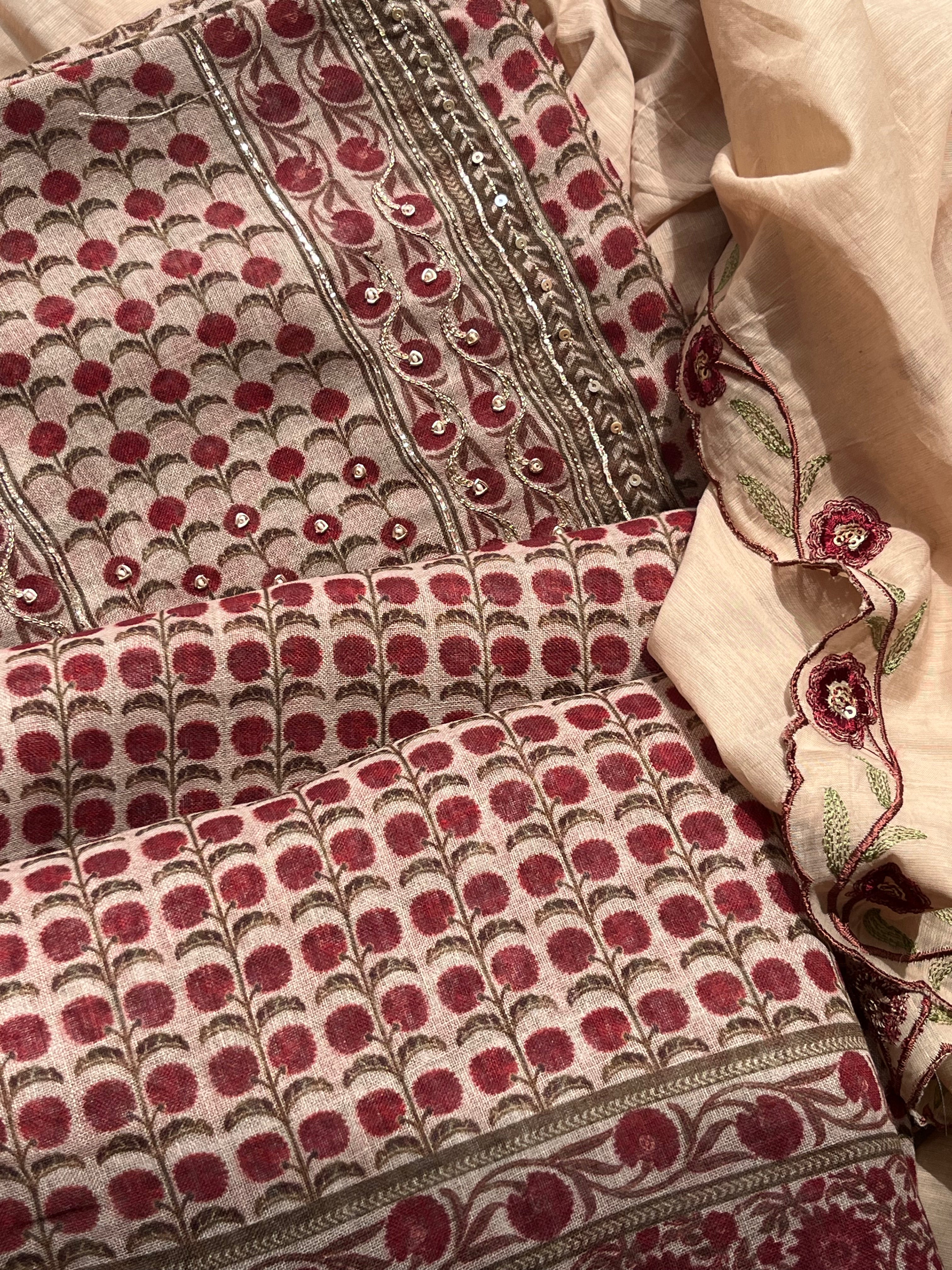 Brown Linen Cotton unstitched salwar set