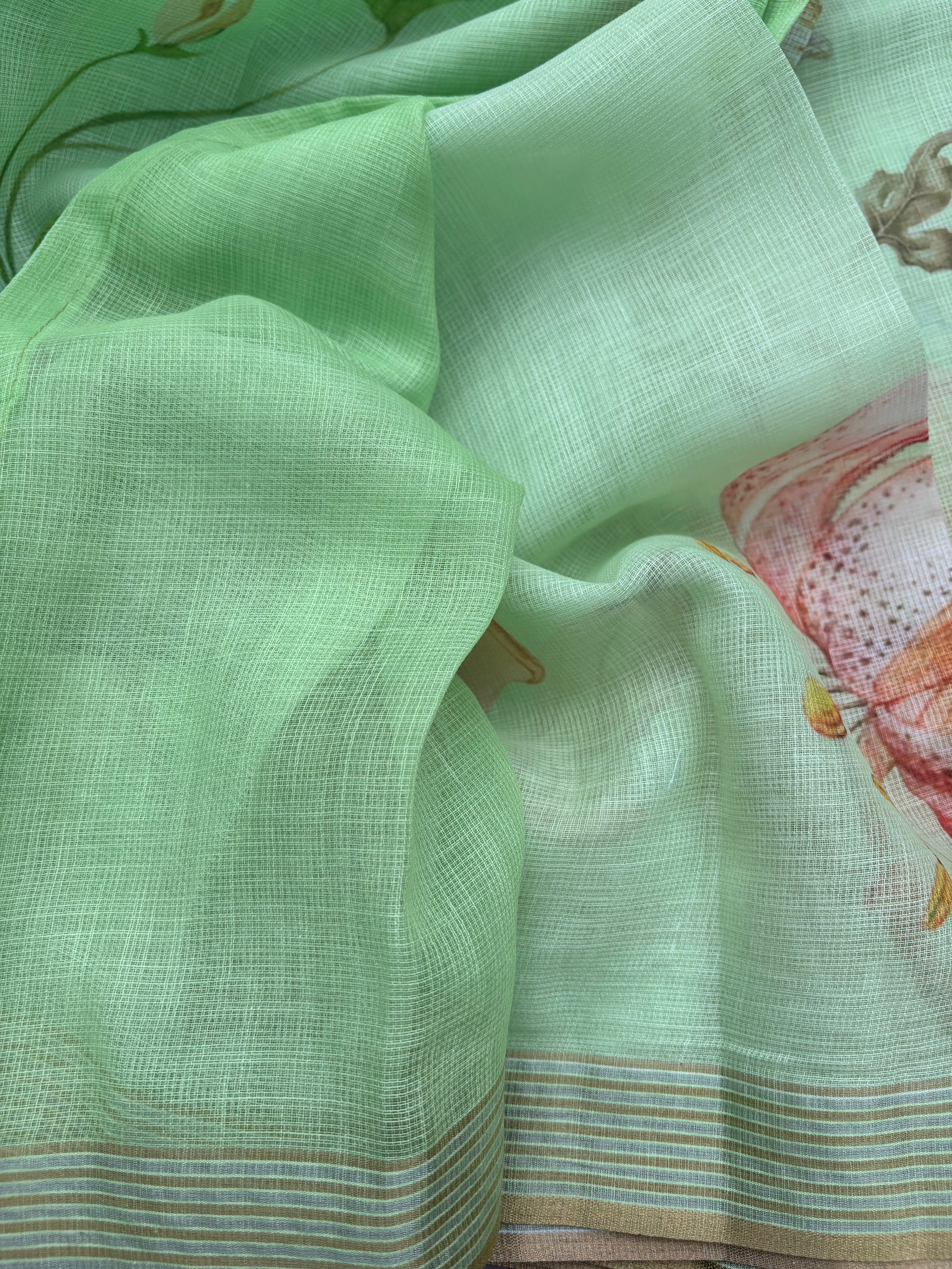 Yellow, Peach & Green Linen Cotton Sarees