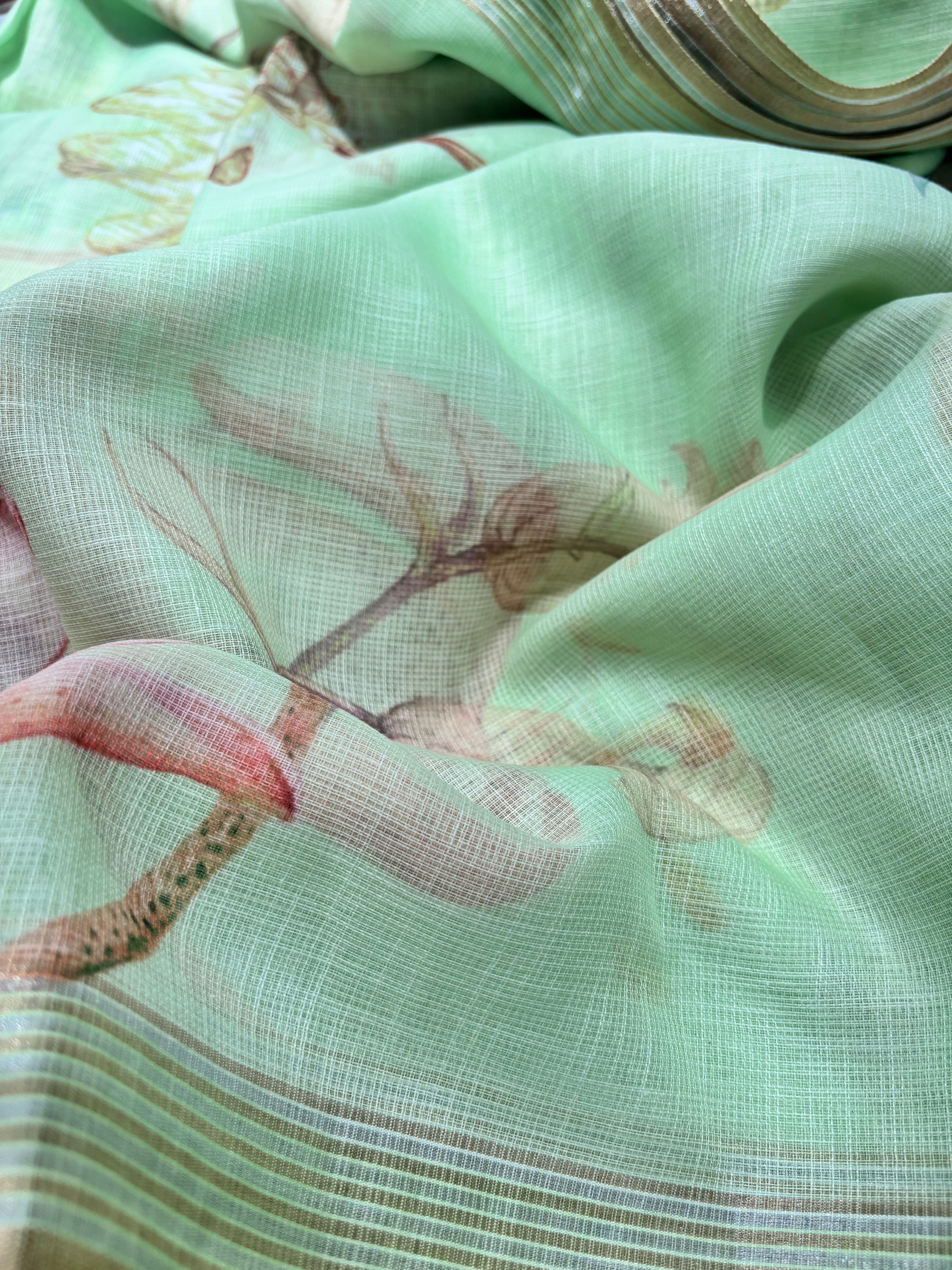 Yellow, Peach & Green Linen Cotton Sarees